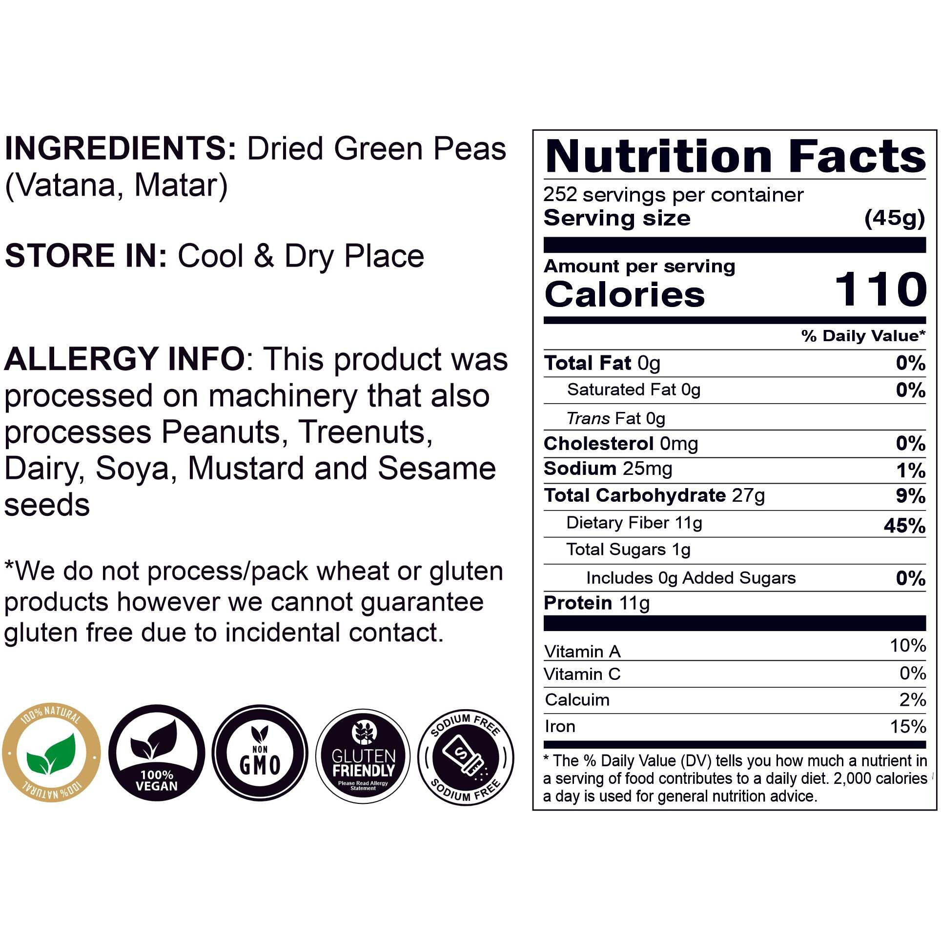 Rani Green Peas Split, Dried (Vatana, Matar) 400oz (25lbs) 11.36kg Bulk Box ~ All Natural, Vegan, Gluten Friendly, Product of USA