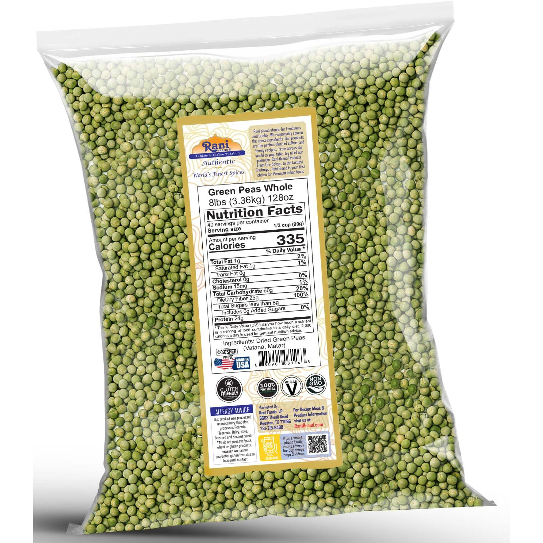 Rani Green Peas Whole, Dried (Marrowfat Peas, Vatana, Matar) 128oz (8lbs) 3.63kg Bulk ~ All Natural, Vegan, Kosher, Gluten Friendly, Product of USA