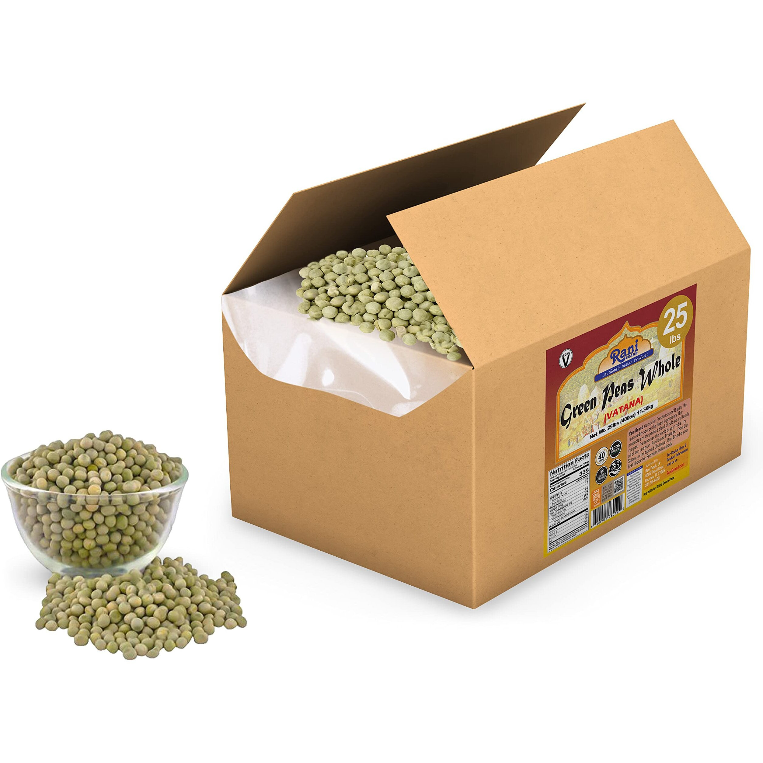 Rani Green Peas Whole, Dried (Vatana, Matar) 400oz (25lbs) 11.36kg Bulk Box ~ All Natural, Vegan, Gluten Friendly, Product of USA