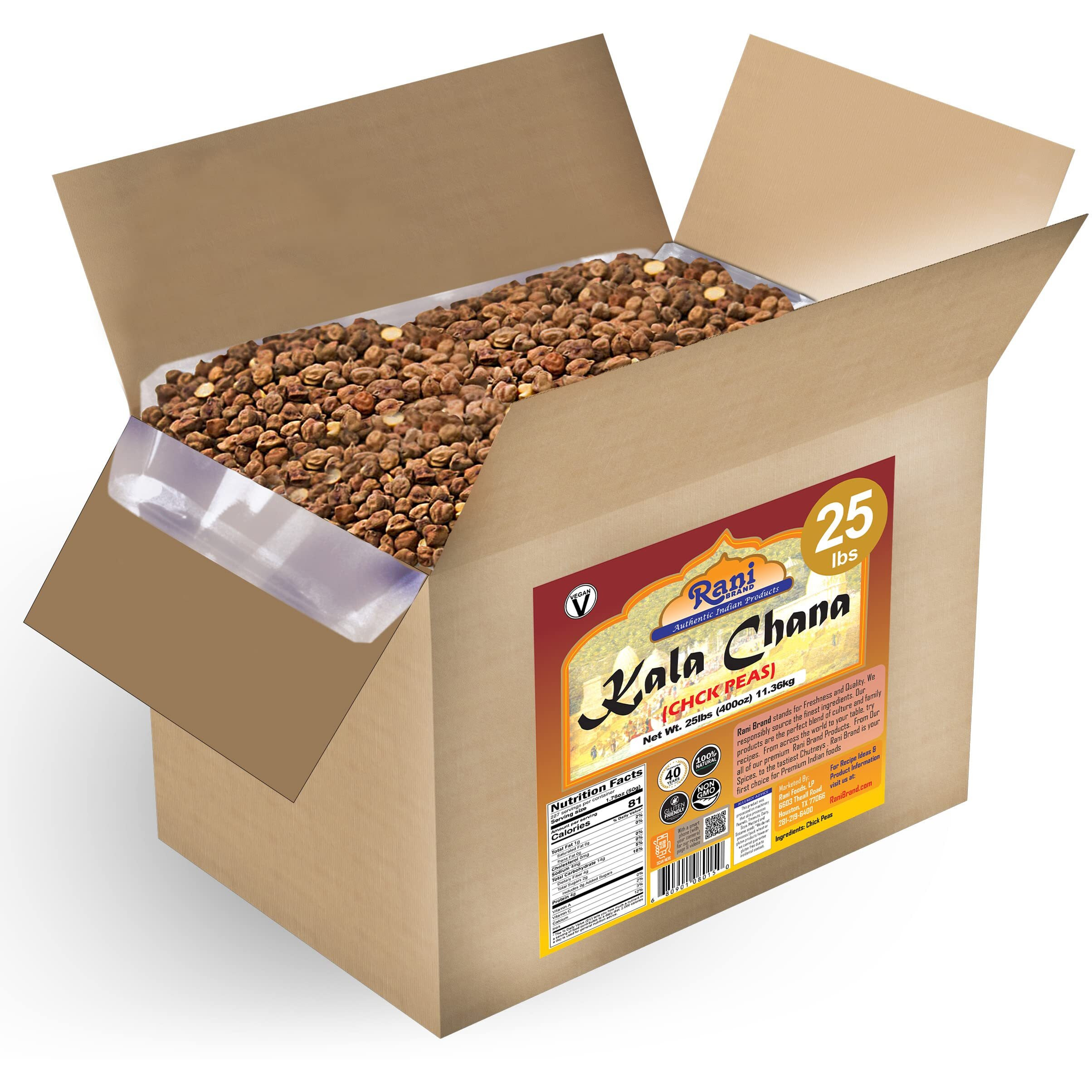 Rani Kala Chana (Desi Chickpeas Chana with skin) 400oz (25lbs) 11.36kg Bulk Box ~ All Natural, Gluten Friendly, NON-GMO, Vegan, Indian Origin