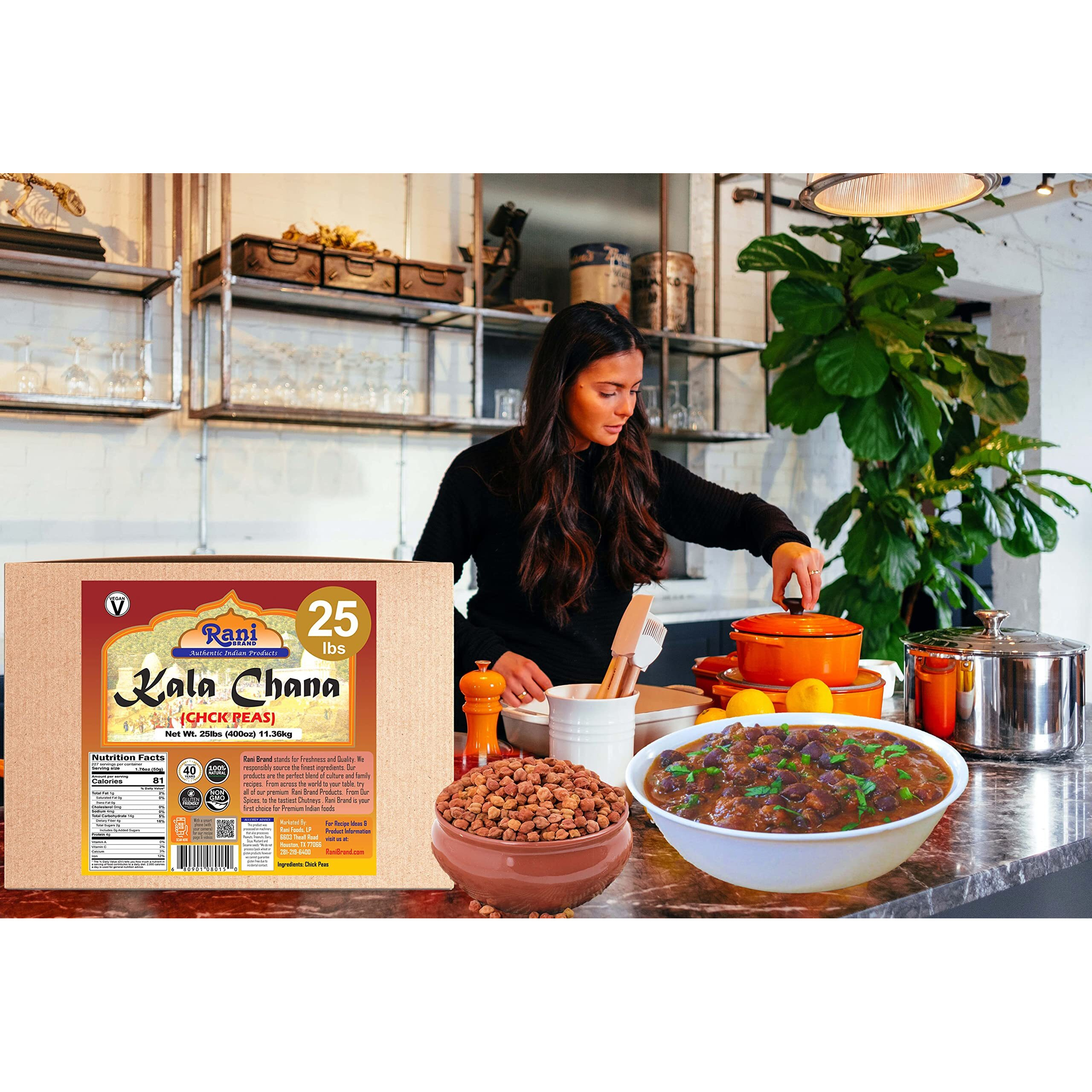 Rani Kala Chana (Desi Chickpeas Chana with skin) 400oz (25lbs) 11.36kg Bulk Box ~ All Natural, Gluten Friendly, NON-GMO, Vegan, Indian Origin