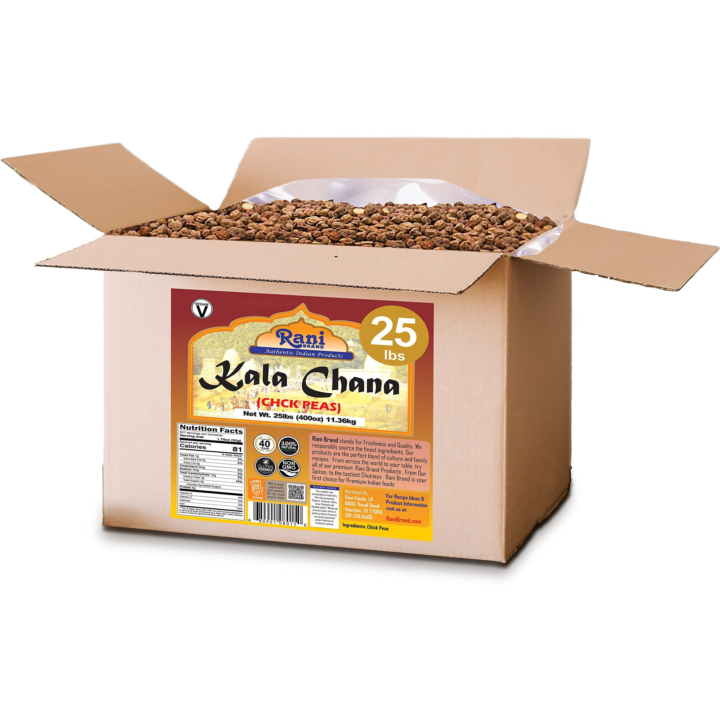 Rani Kala Chana (Desi Chickpeas Chana with skin) 400oz (25lbs) 11.36kg Bulk Box ~ All Natural, Gluten Friendly, NON-GMO, Vegan, Indian Origin