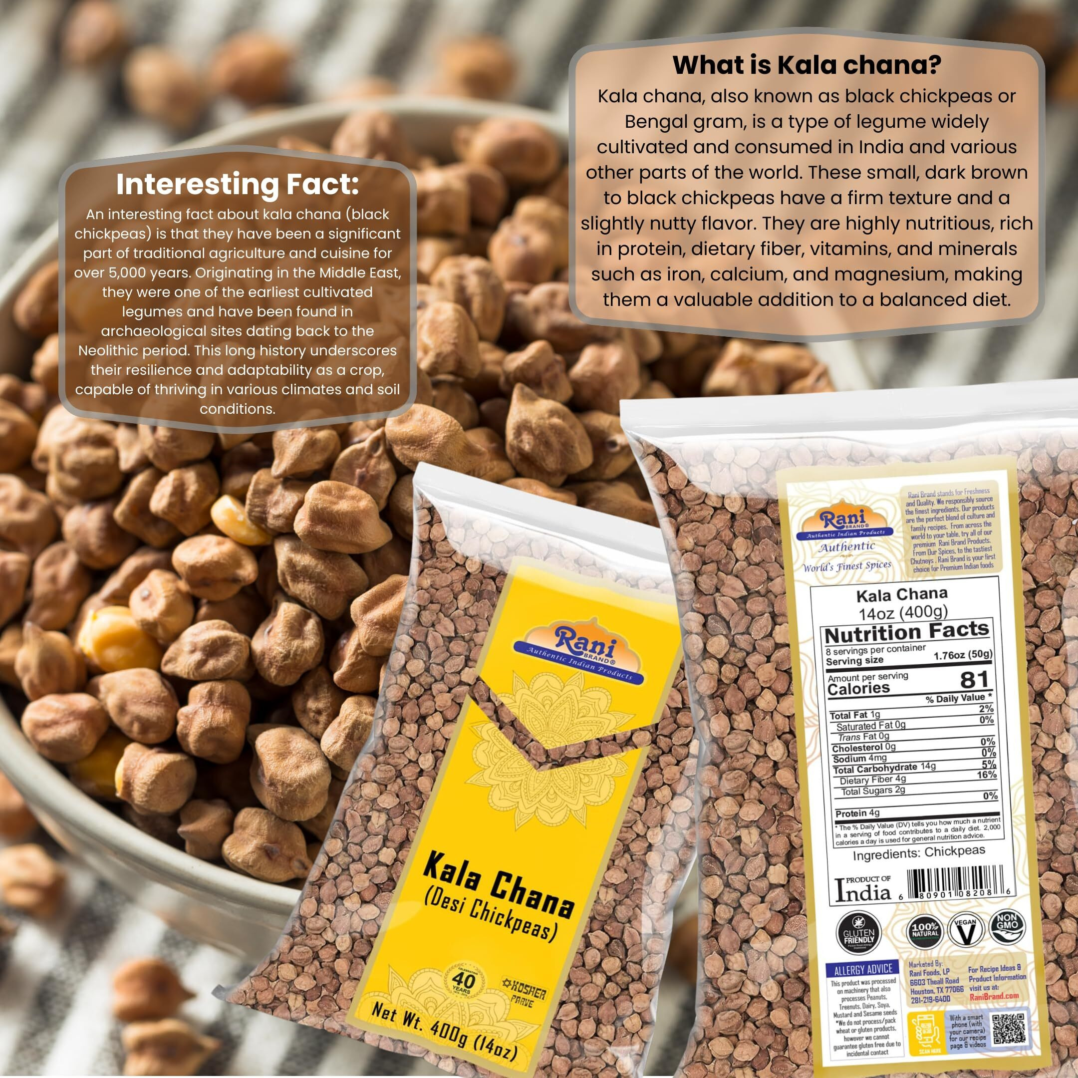 Rani Kala Chana (Desi Chickpeas Chana with skin)14oz (400g) ~ All Natural, Gluten Friendly, NON-GMO, Kosher, Vegan, Indian Origin