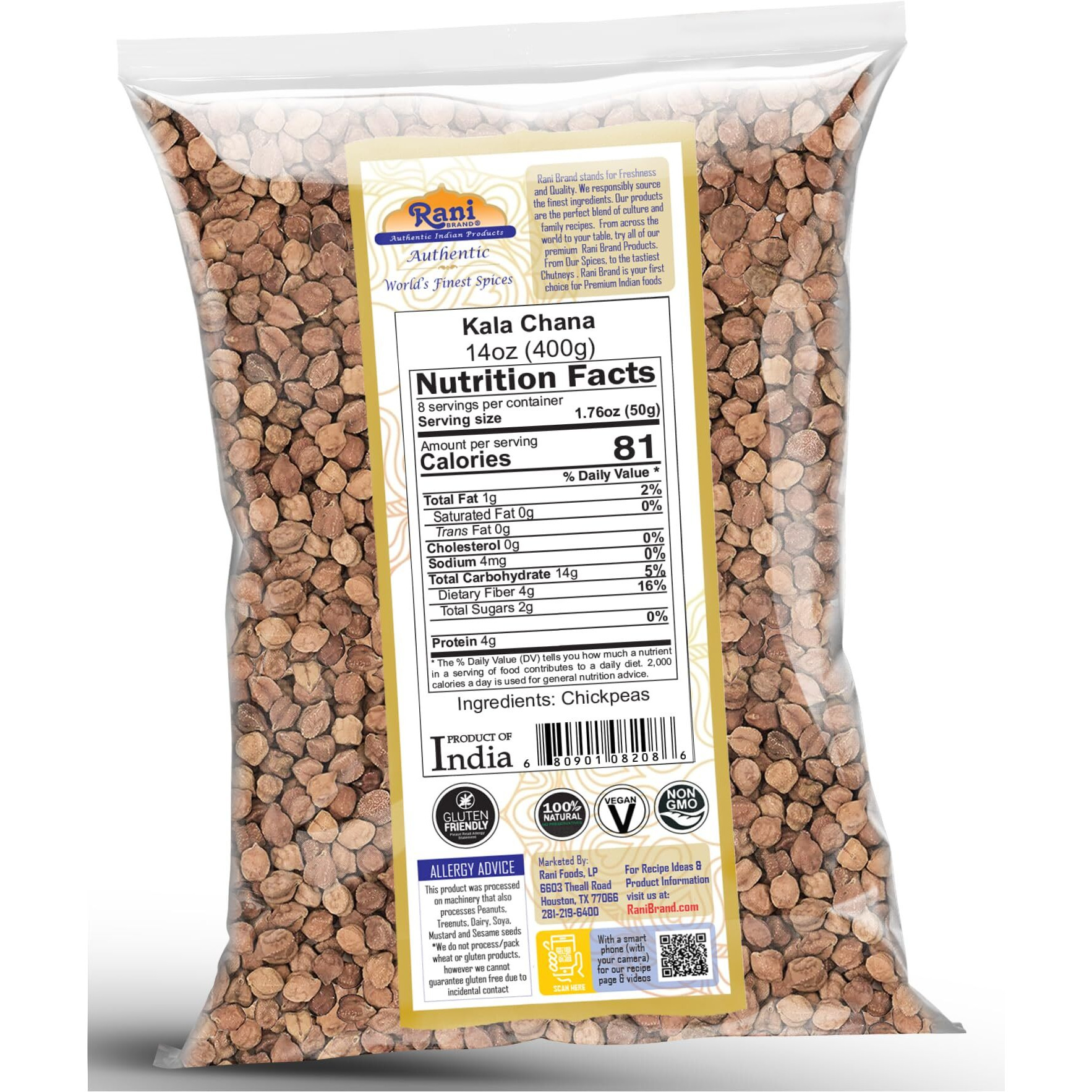 Rani Kala Chana (Desi Chickpeas Chana with skin)14oz (400g) ~ All Natural, Gluten Friendly, NON-GMO, Kosher, Vegan, Indian Origin