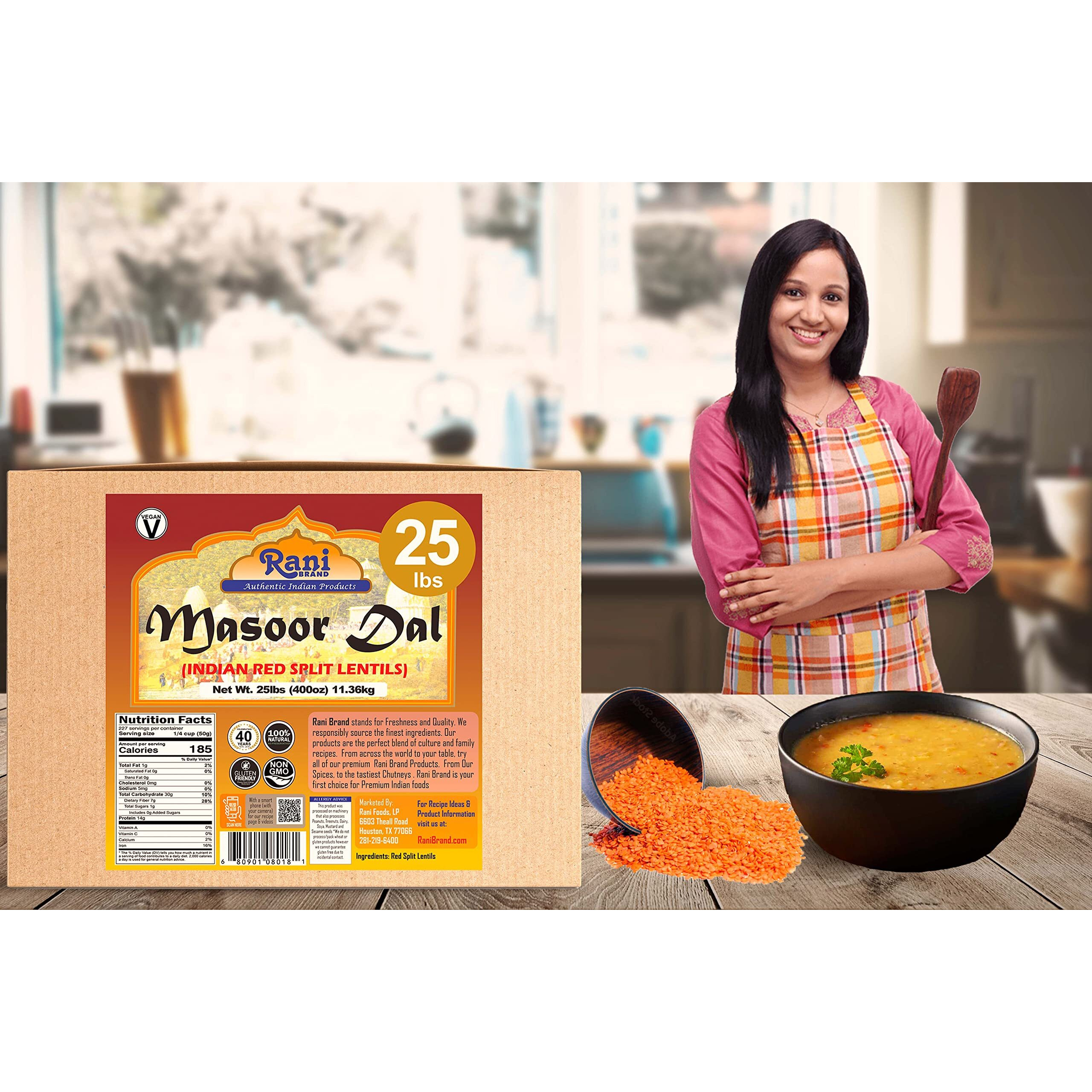 Rani Masoor Dal (Indian Red Lentils) Split Gram 400oz (25lbs) 11.36kg Bulk Box ~ All Natural, Gluten Friendly, NON-GMO, Vegan, Indian Origin