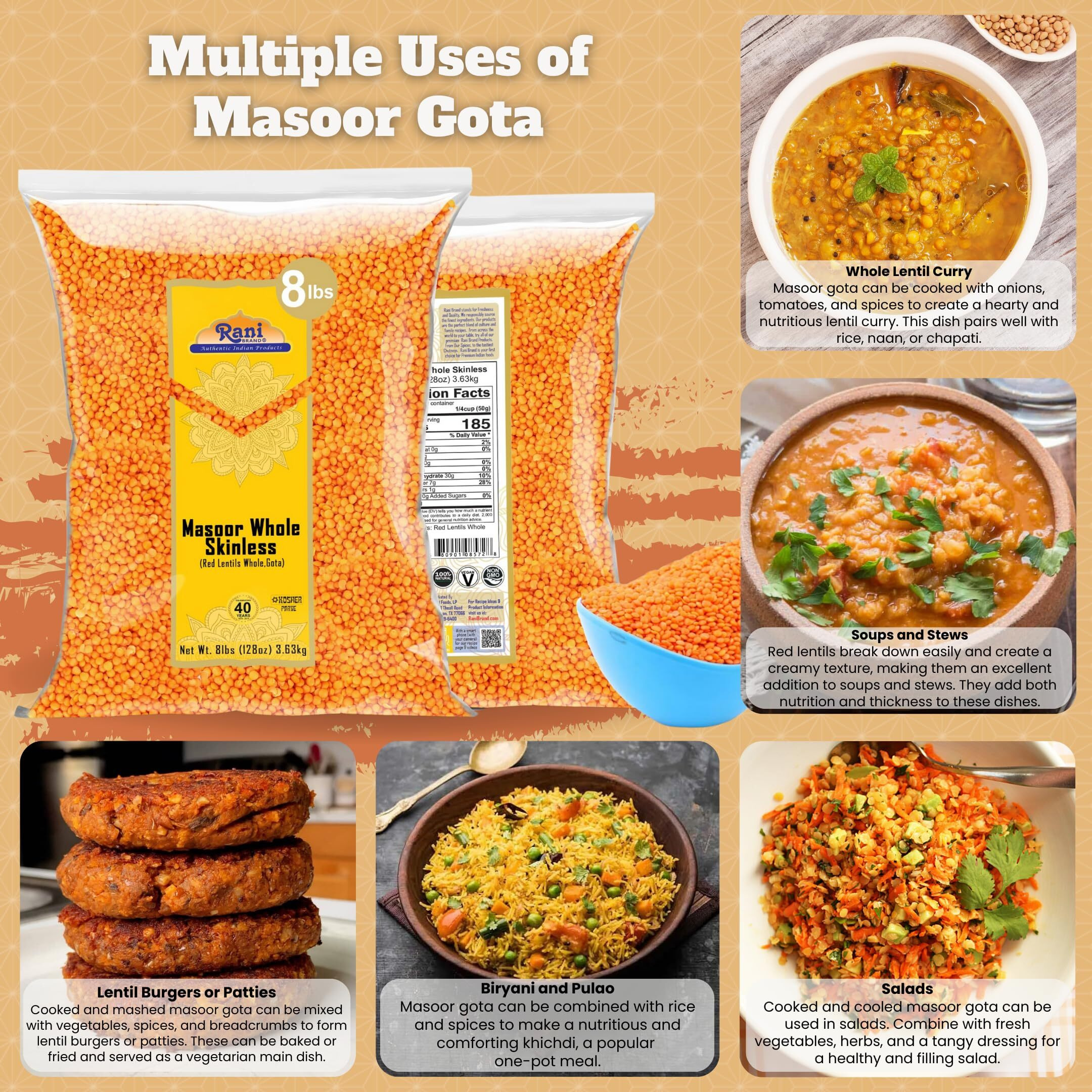 Rani Masoor Gota (Football) Indian Red Lentils Skinless 128oz (8lbs) 3.63kg Bulk ~ All Natural, Gluten Friendly, NON-GMO, Kosher, Vegan, Indian Origin