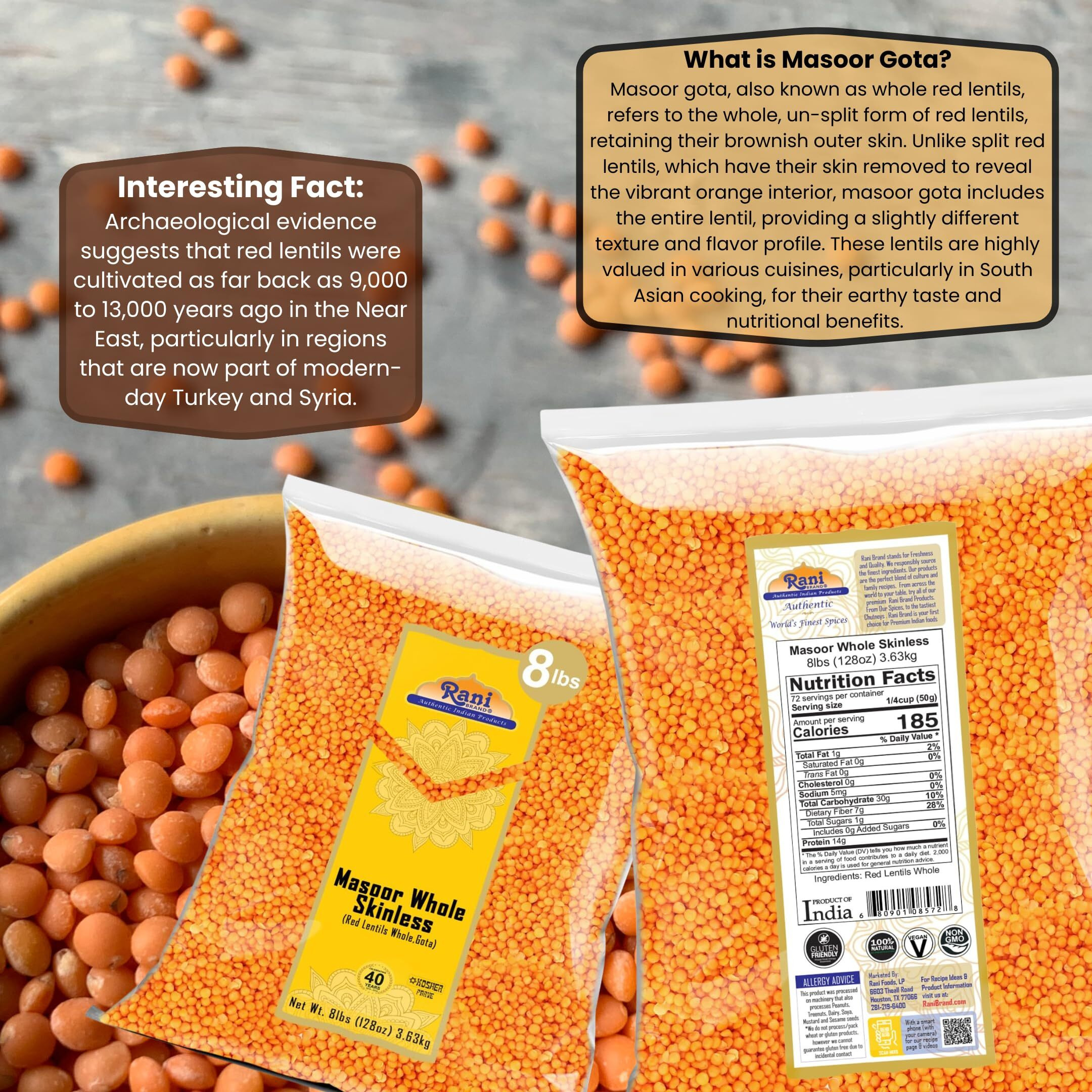 Rani Masoor Gota (Football) Indian Red Lentils Skinless 128oz (8lbs) 3.63kg Bulk ~ All Natural, Gluten Friendly, NON-GMO, Kosher, Vegan, Indian Origin
