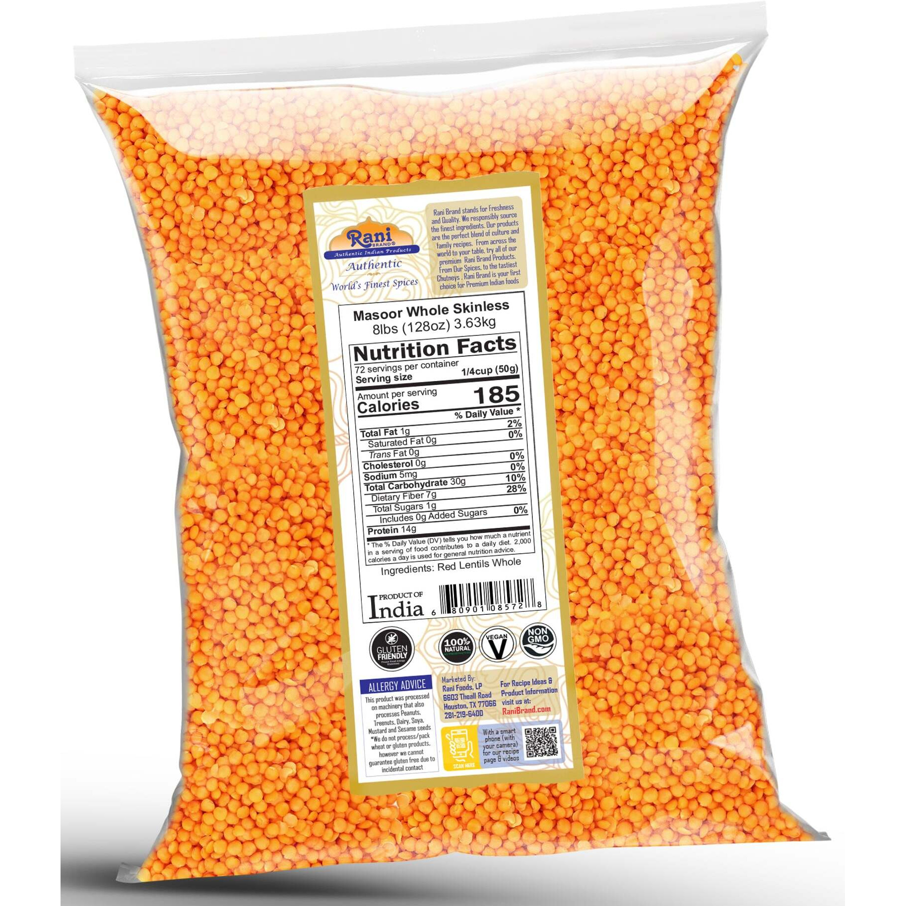 Rani Masoor Gota (Football) Indian Red Lentils Skinless 128oz (8lbs) 3.63kg Bulk ~ All Natural, Gluten Friendly, NON-GMO, Kosher, Vegan, Indian Origin