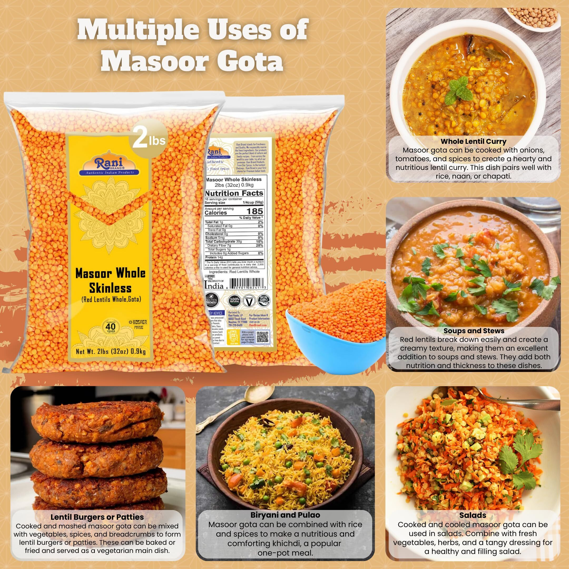 Rani Masoor Gota (Football) Indian Red Lentils Skinless 32oz (2lbs) 908g ~ All Natural, Gluten Friendly, NON-GMO, Kosher, Vegan, Indian Origin