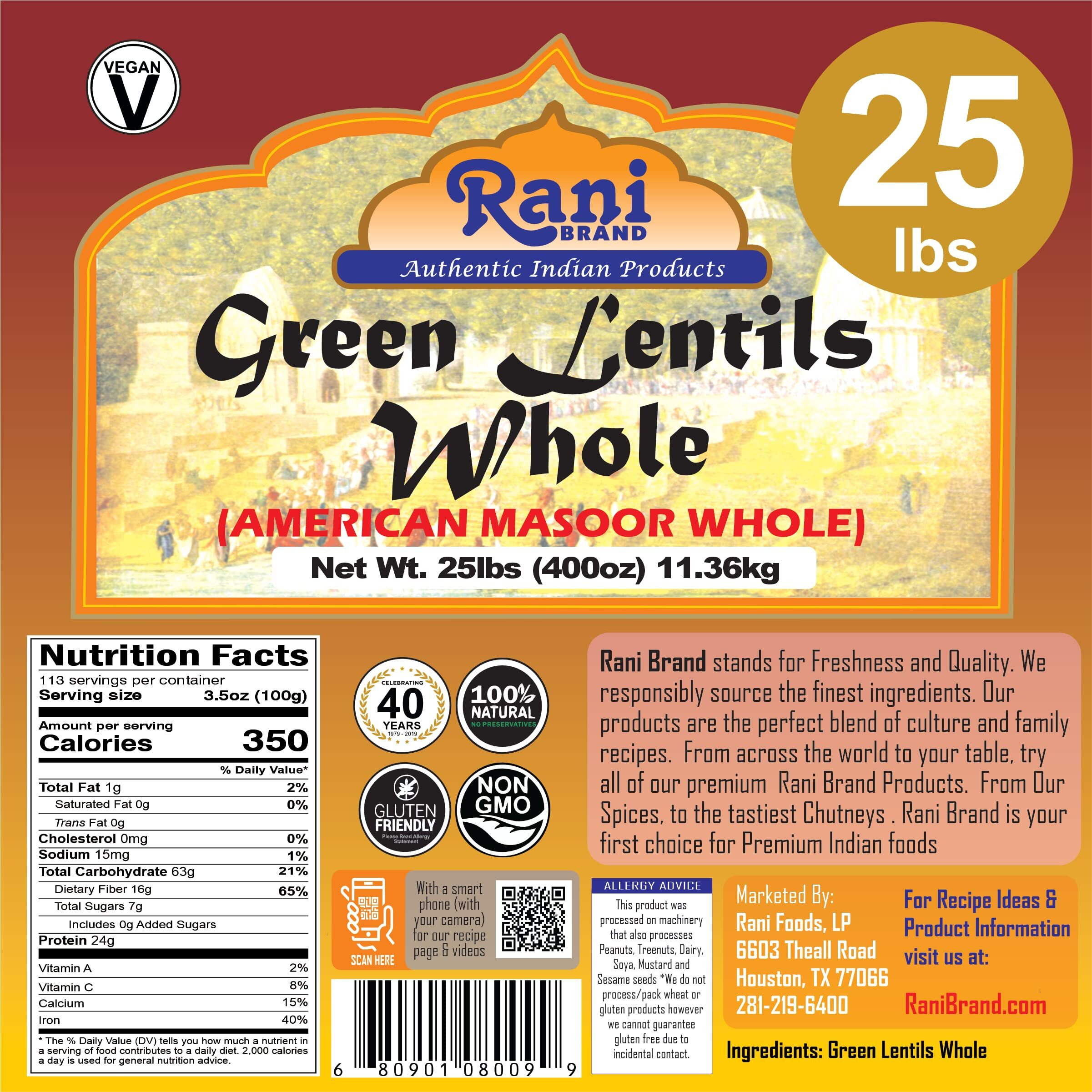 Rani Masoor Whole (Green Lentils Whole With Skin) 400oz (25lbs) 11.36kg Bulk Box ~ All Natural, Vegan, Gluten Friendly, Non-GMO, Kosher, Product of USA