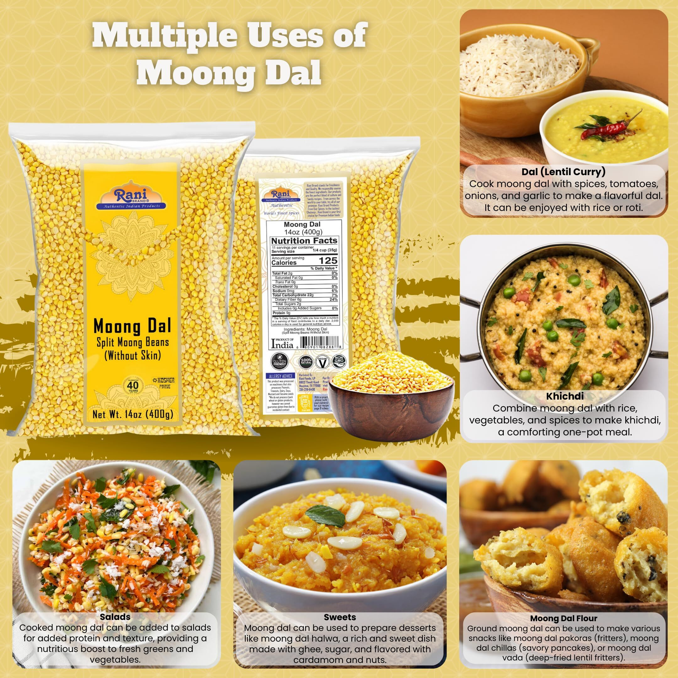 Rani Moong Dal (Split Mung Beans Without Skin) Lentils Indian 14oz (400g) ~ All Natural, Gluten Friendly, Non-GMO, Kosher, Vegan, Indian Origin