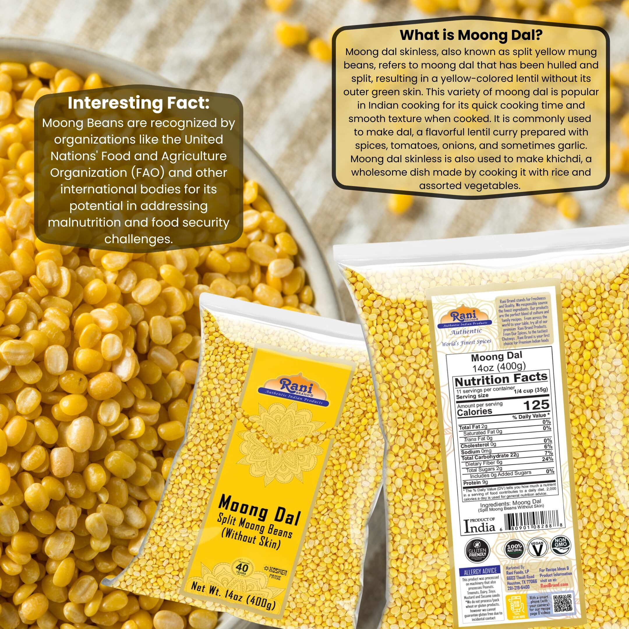 Rani Moong Dal (Split Mung Beans Without Skin) Lentils Indian 14oz (400g) ~ All Natural, Gluten Friendly, Non-GMO, Kosher, Vegan, Indian Origin