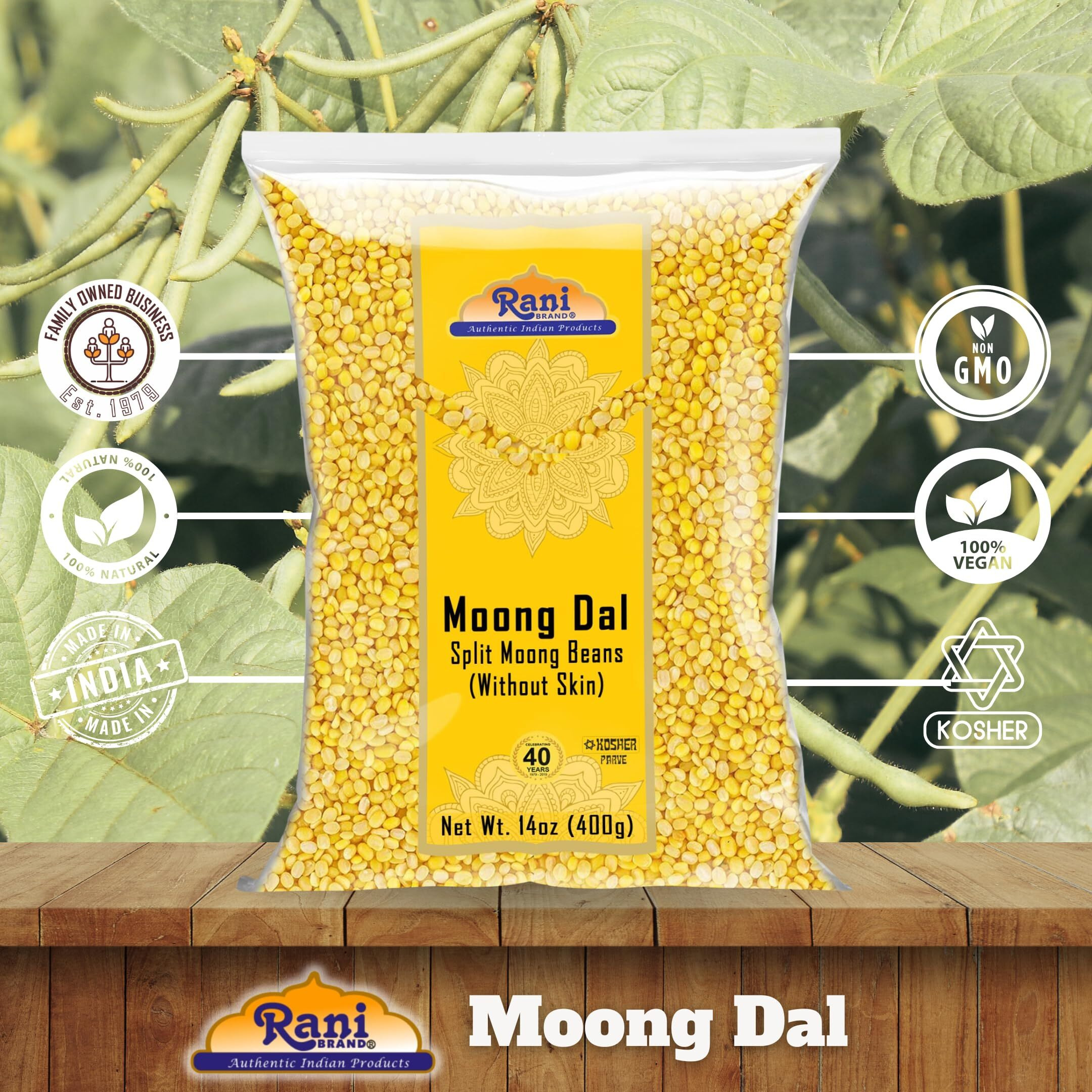 Rani Moong Dal (Split Mung Beans Without Skin) Lentils Indian 14oz (400g) ~ All Natural, Gluten Friendly, Non-GMO, Kosher, Vegan, Indian Origin