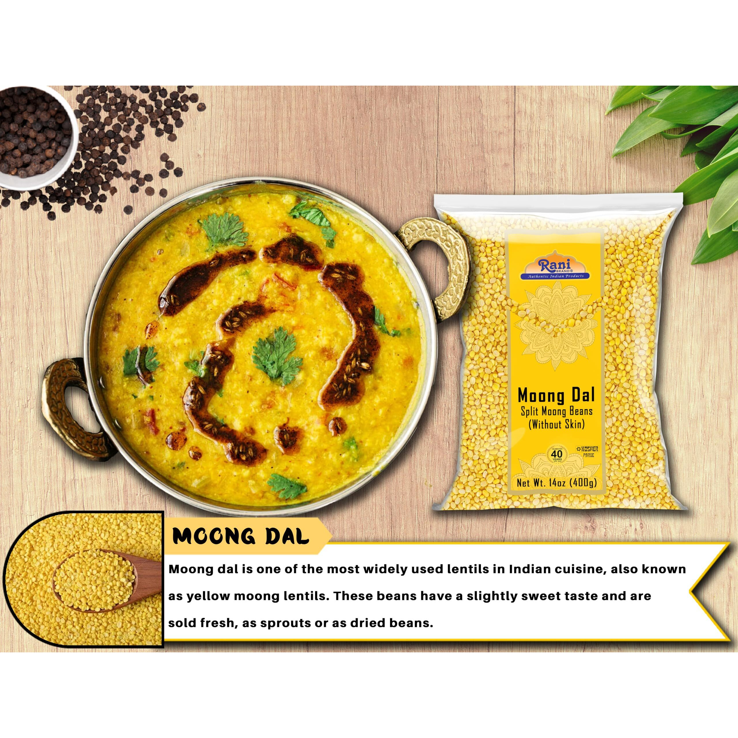 Rani Moong Dal (Split Mung Beans Without Skin) Lentils Indian 14oz (400g) ~ All Natural, Gluten Friendly, Non-GMO, Kosher, Vegan, Indian Origin