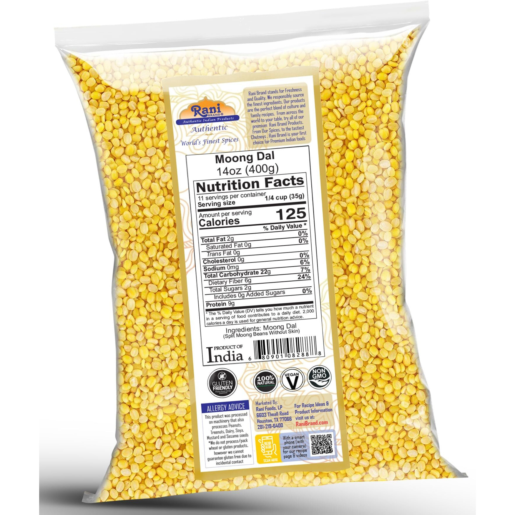 Rani Moong Dal (Split Mung Beans Without Skin) Lentils Indian 14oz (400g) ~ All Natural, Gluten Friendly, Non-GMO, Kosher, Vegan, Indian Origin