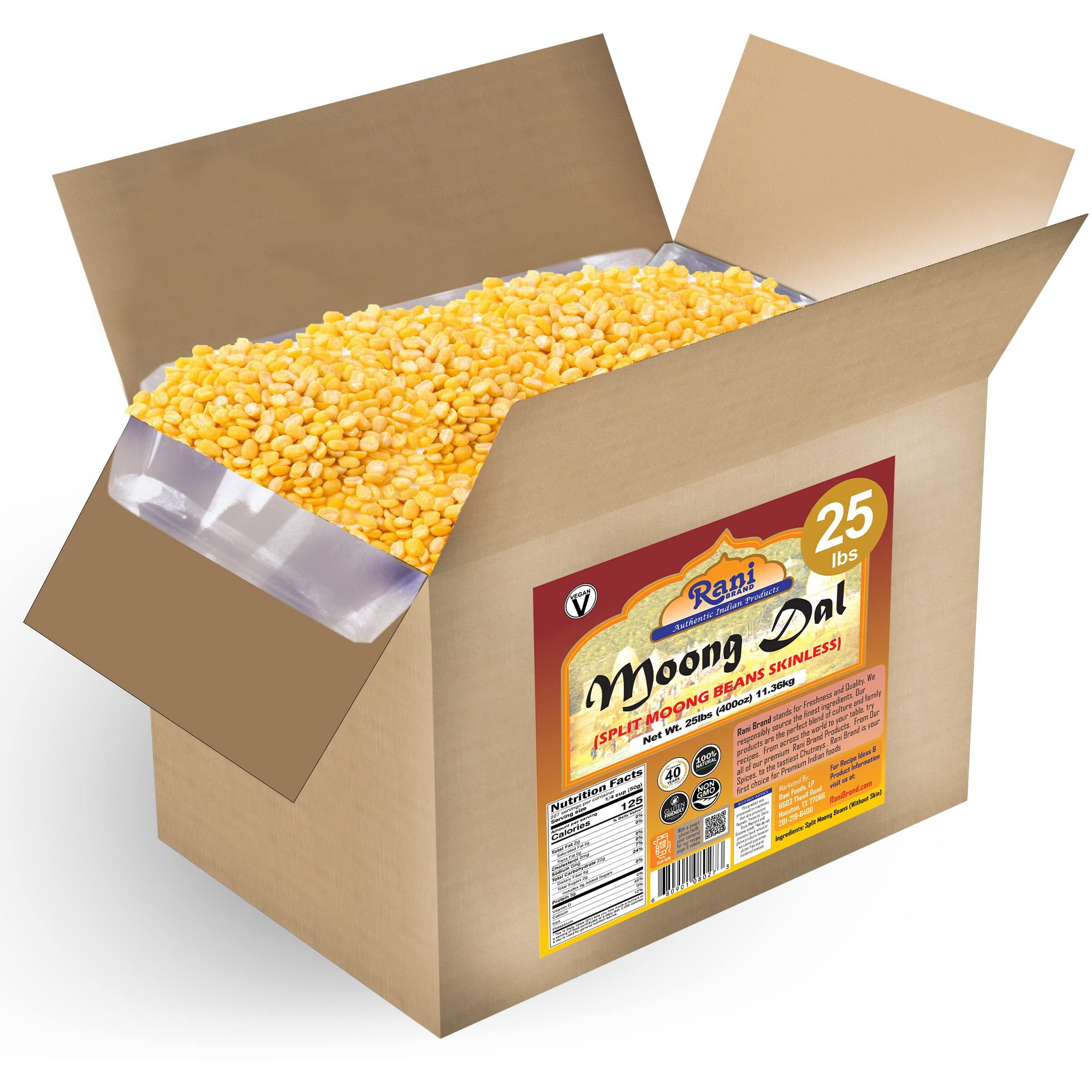 Rani Moong Dal (Split Mung Beans Without Skin) Lentils Indian 400oz (25lbs) 11.36kg Bulk Box ~ All Natural, Gluten Friendly, Non-GMO, Kosher, Vegan, Indian Origin