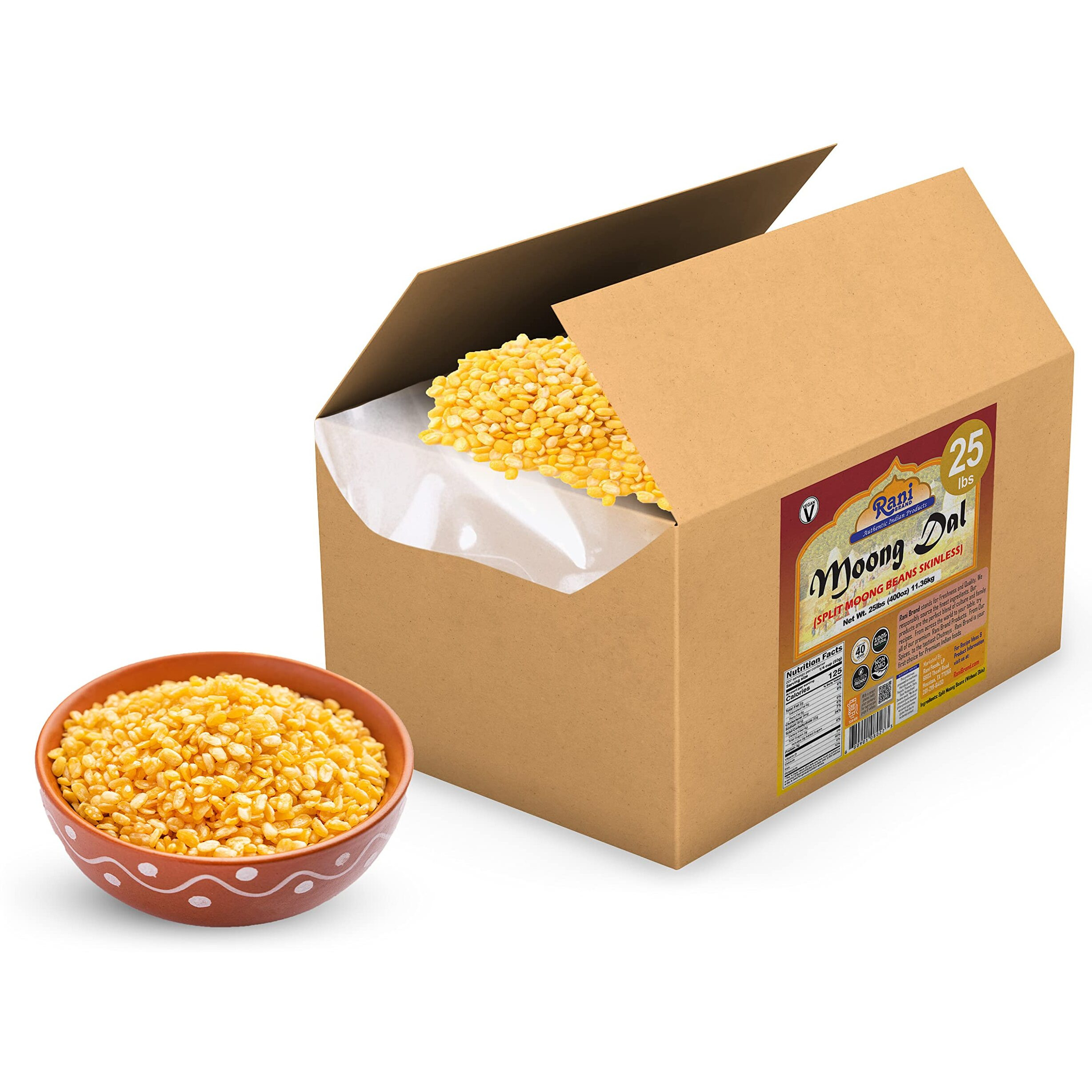Rani Moong Dal (Split Mung Beans Without Skin) Lentils Indian 400oz (25lbs) 11.36kg Bulk Box ~ All Natural, Gluten Friendly, Non-GMO, Kosher, Vegan, Indian Origin
