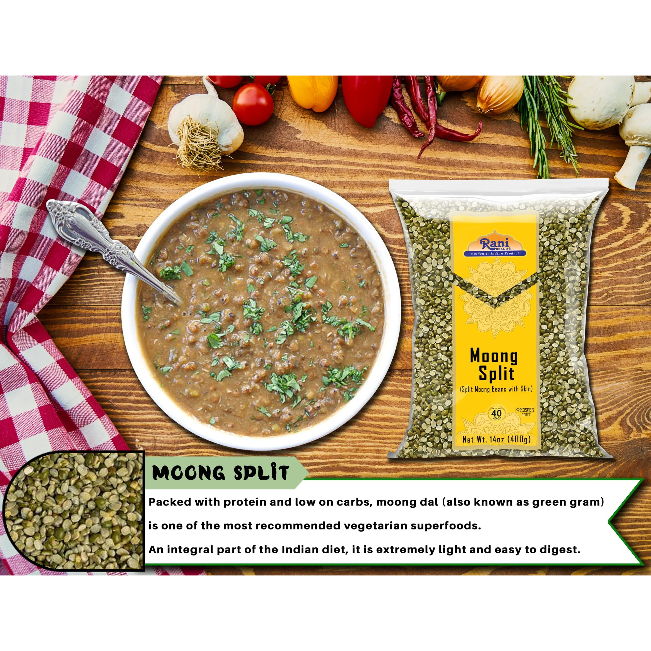 Rani Moong Split (Split Mung Beans with Skin) Lentils Indian 14oz (400g) ~ All Natural, Gluten Friendly, Non-GMO, Kosher, Vegan, Indian Origin