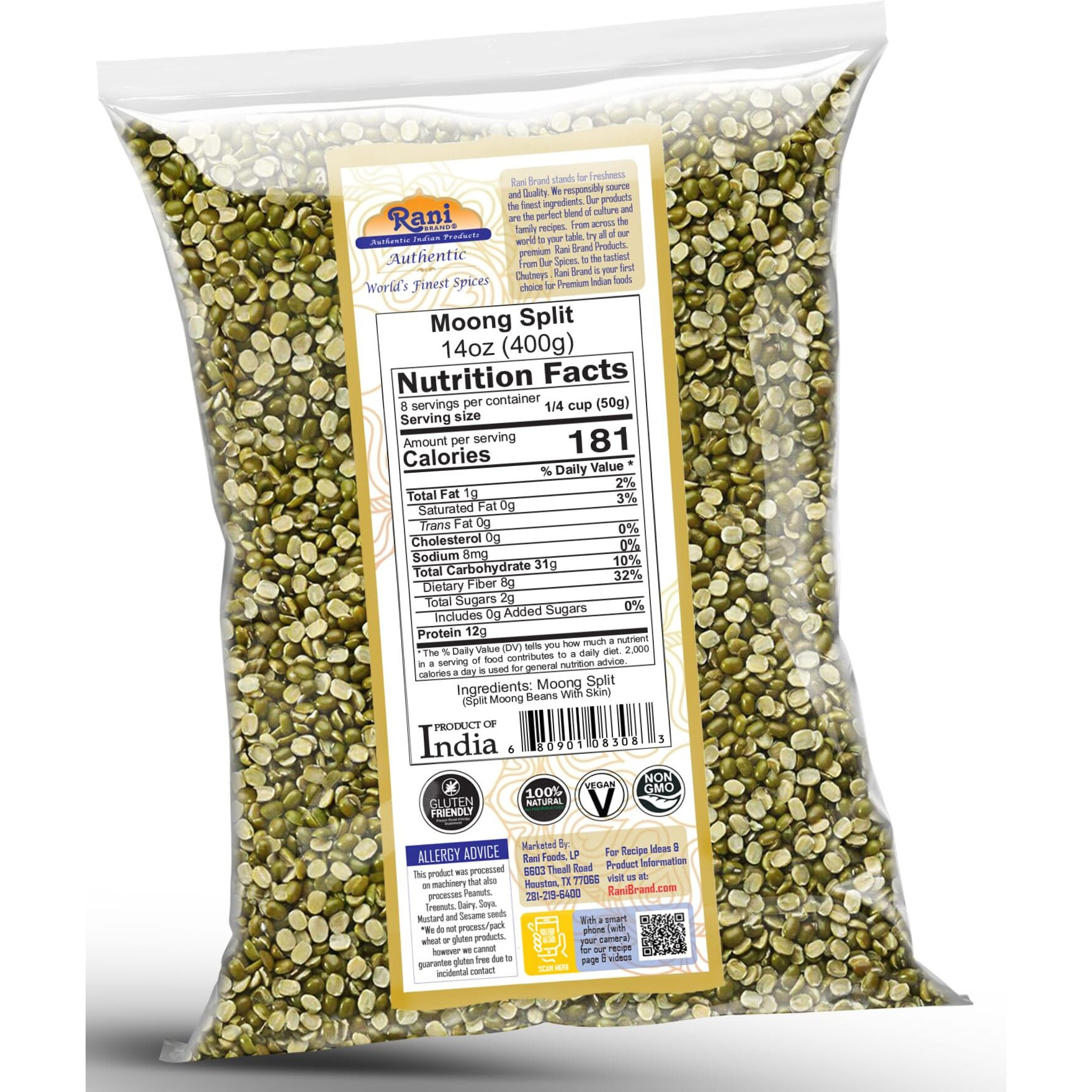 Rani Moong Split (Split Mung Beans with Skin) Lentils Indian 14oz (400g) ~ All Natural, Gluten Friendly, Non-GMO, Kosher, Vegan, Indian Origin