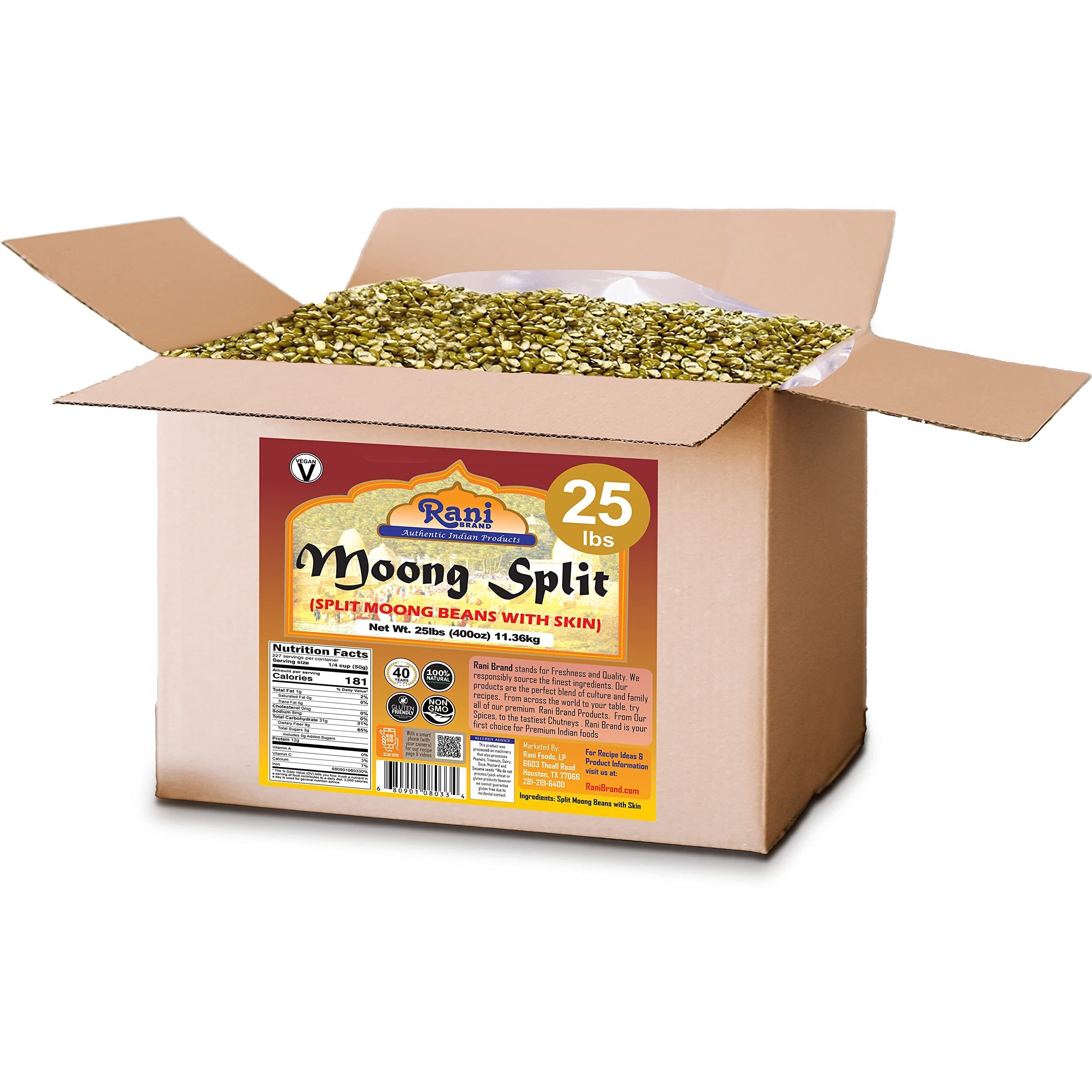 Rani Moong Split (Split Mung Beans with Skin) Lentils Indian 400oz (25lbs) 11.36kg Bulk Box ~ All Natural, Gluten Friendly, Non-GMO, Kosher, Vegan, Indian Origin