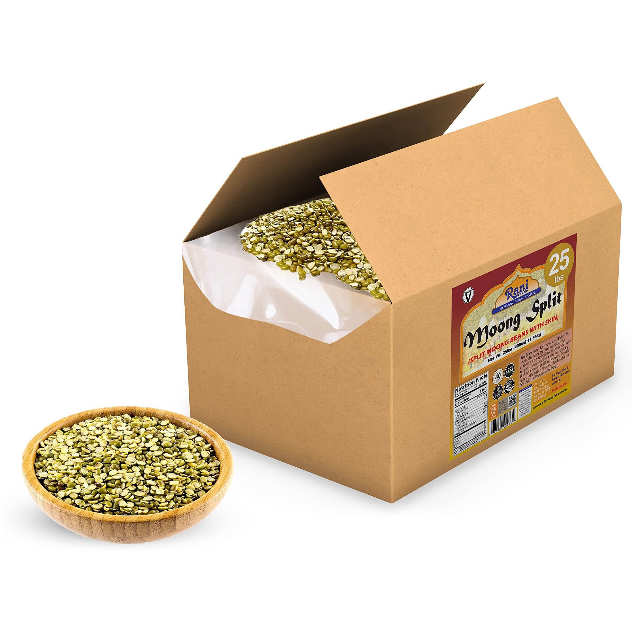 Rani Moong Split (Split Mung Beans with Skin) Lentils Indian 400oz (25lbs) 11.36kg Bulk Box ~ All Natural, Gluten Friendly, Non-GMO, Kosher, Vegan, Indian Origin