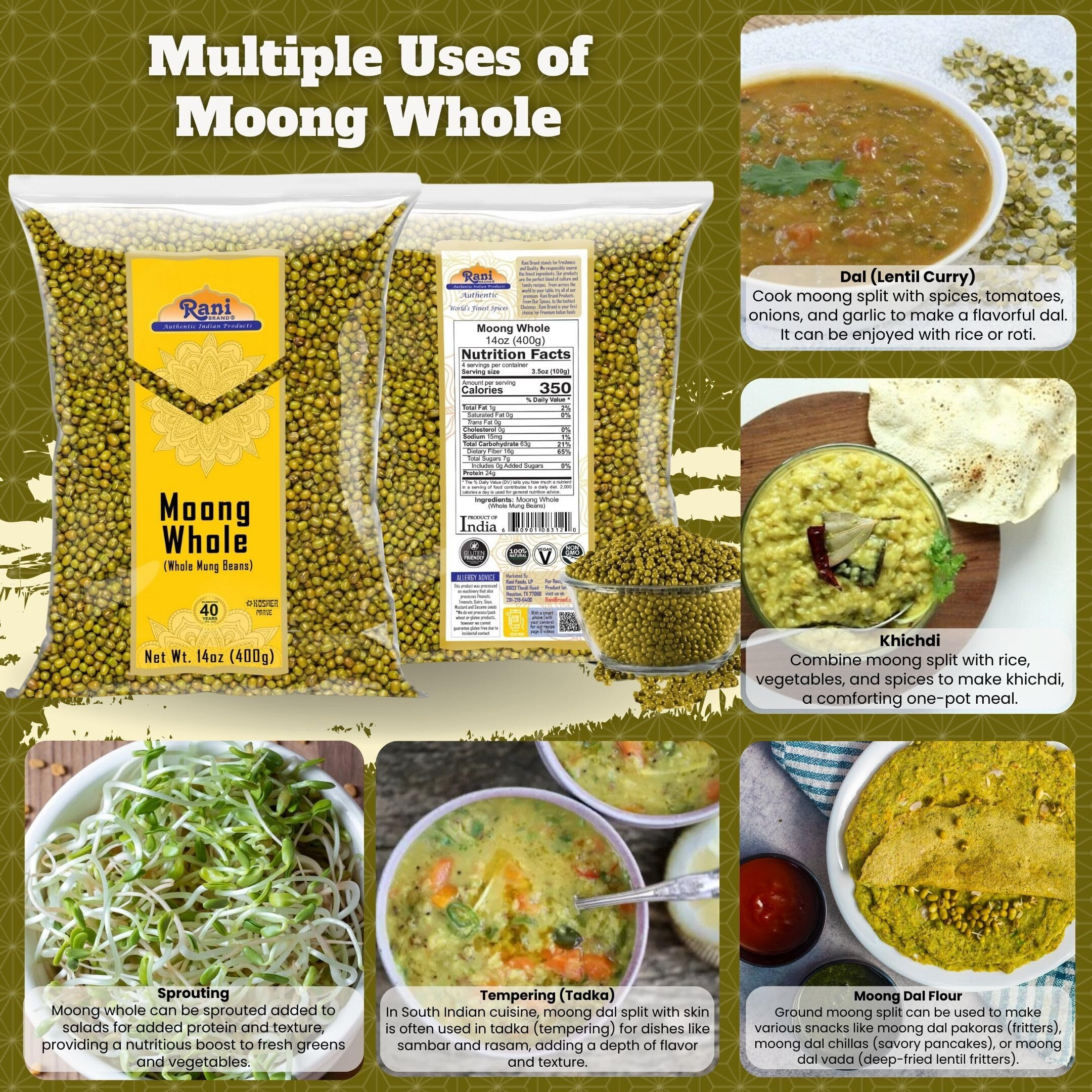 Rani Moong Whole (Ideal for cooking & sprouting, Whole Mung Beans with skin) Lentils Indian 14oz (400g) ~ All Natural, Gluten Friendly, Non-GMO, Kosher, Vegan, Indian Origin