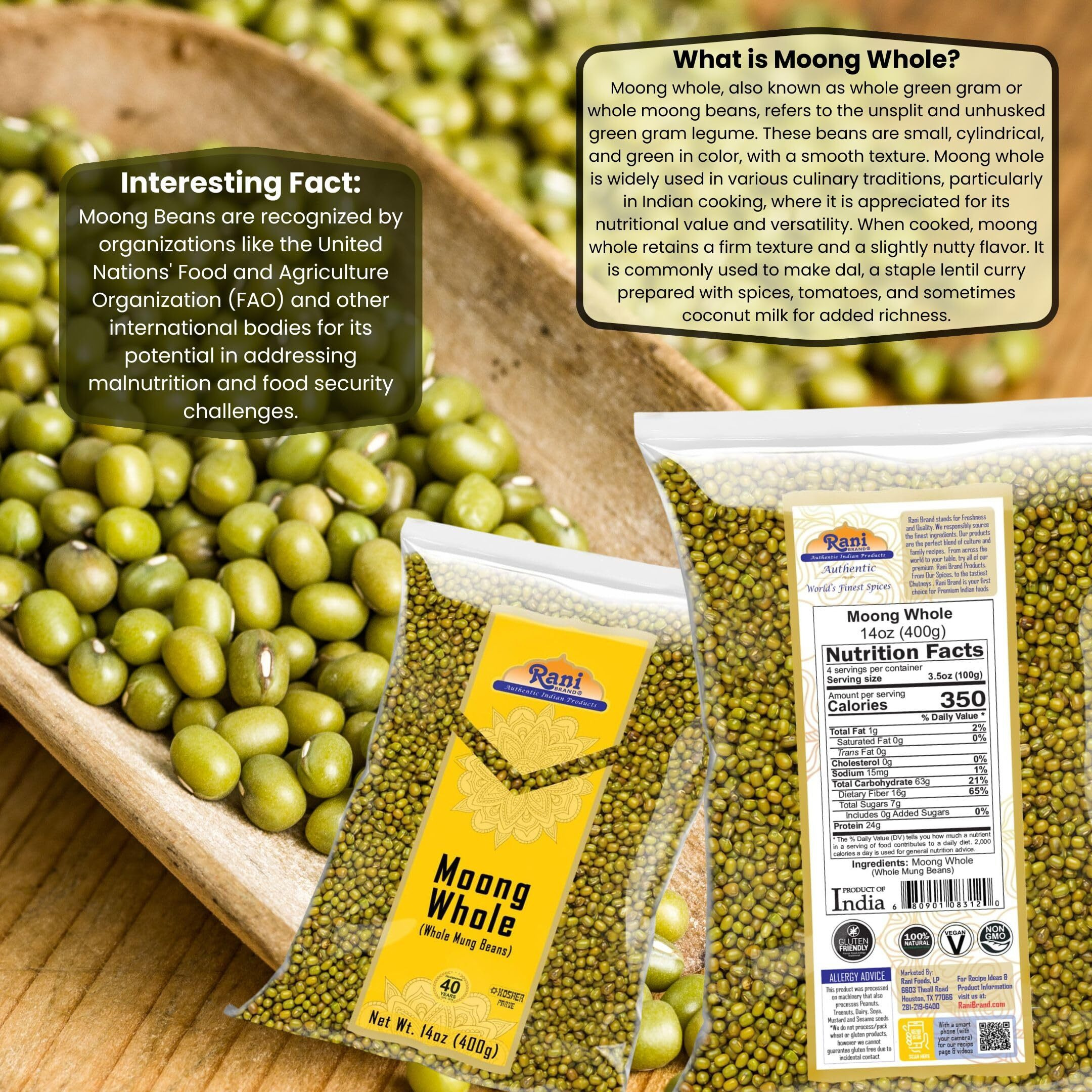 Rani Moong Whole (Ideal for cooking & sprouting, Whole Mung Beans with skin) Lentils Indian 14oz (400g) ~ All Natural, Gluten Friendly, Non-GMO, Kosher, Vegan, Indian Origin