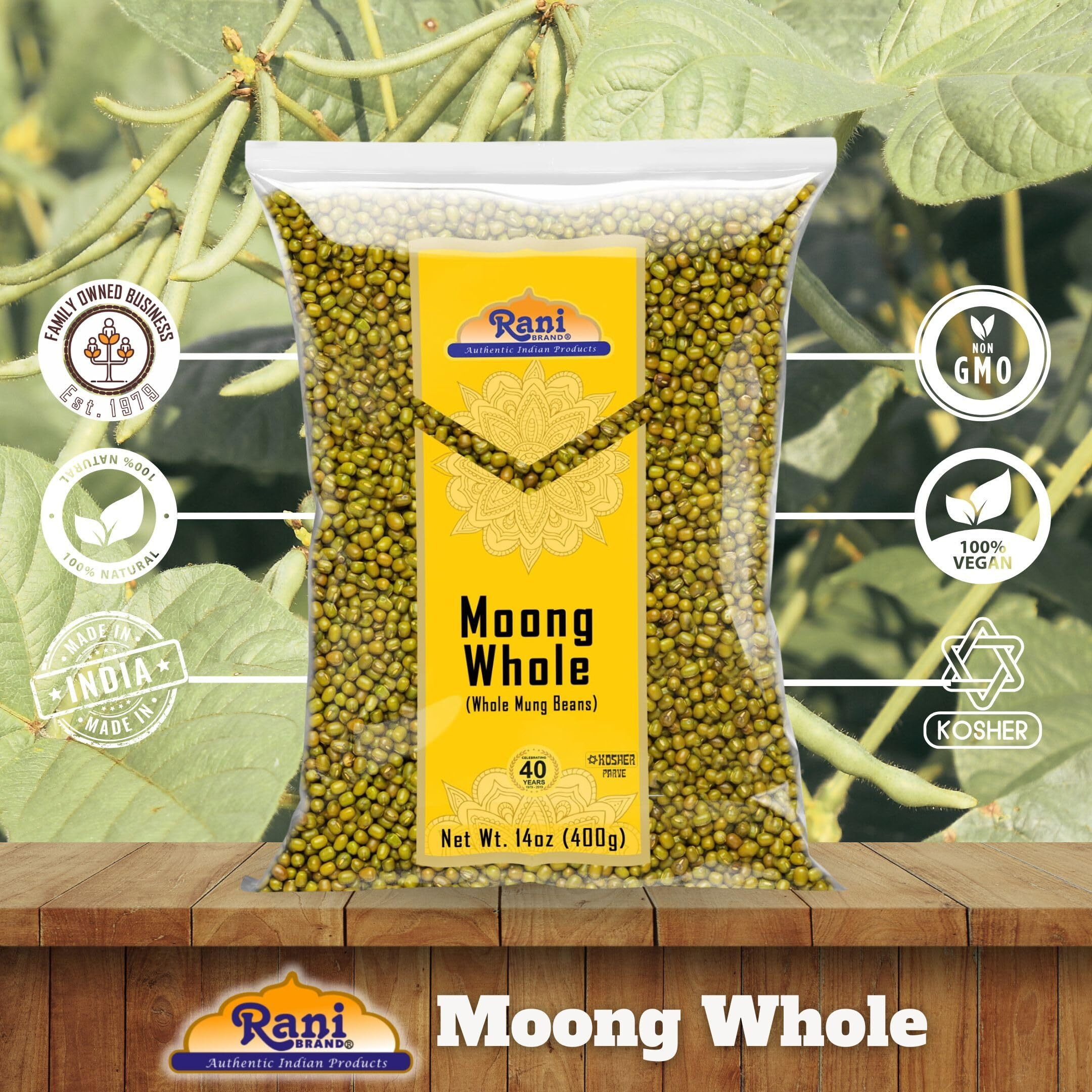 Rani Moong Whole (Ideal for cooking & sprouting, Whole Mung Beans with skin) Lentils Indian 14oz (400g) ~ All Natural, Gluten Friendly, Non-GMO, Kosher, Vegan, Indian Origin