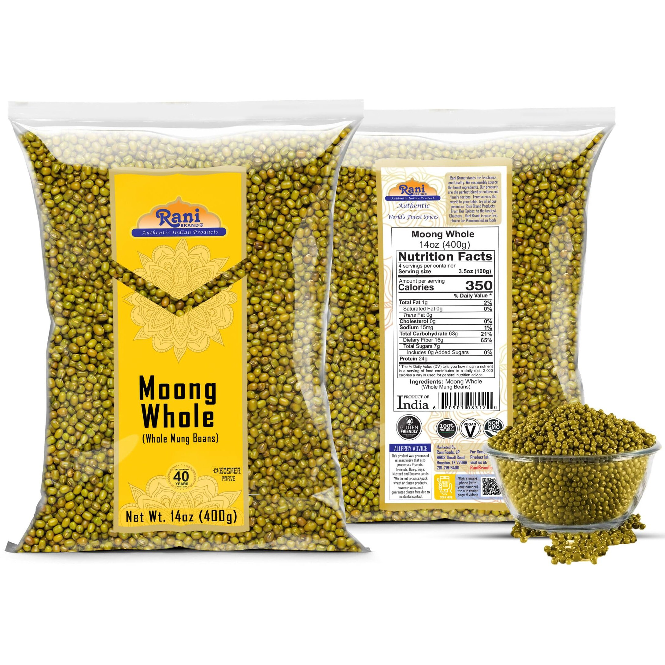 Rani Moong Whole (Ideal for cooking & sprouting, Whole Mung Beans with skin) Lentils Indian 14oz (400g) ~ All Natural, Gluten Friendly, Non-GMO, Kosher, Vegan, Indian Origin