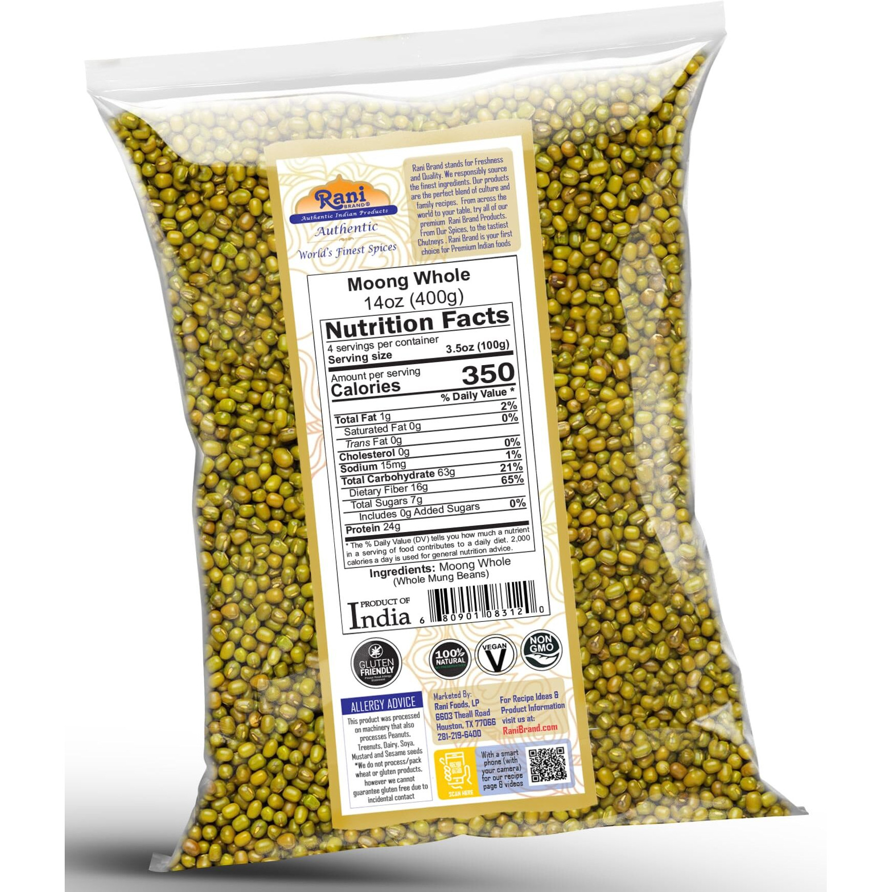 Rani Moong Whole (Ideal for cooking & sprouting, Whole Mung Beans with skin) Lentils Indian 14oz (400g) ~ All Natural, Gluten Friendly, Non-GMO, Kosher, Vegan, Indian Origin