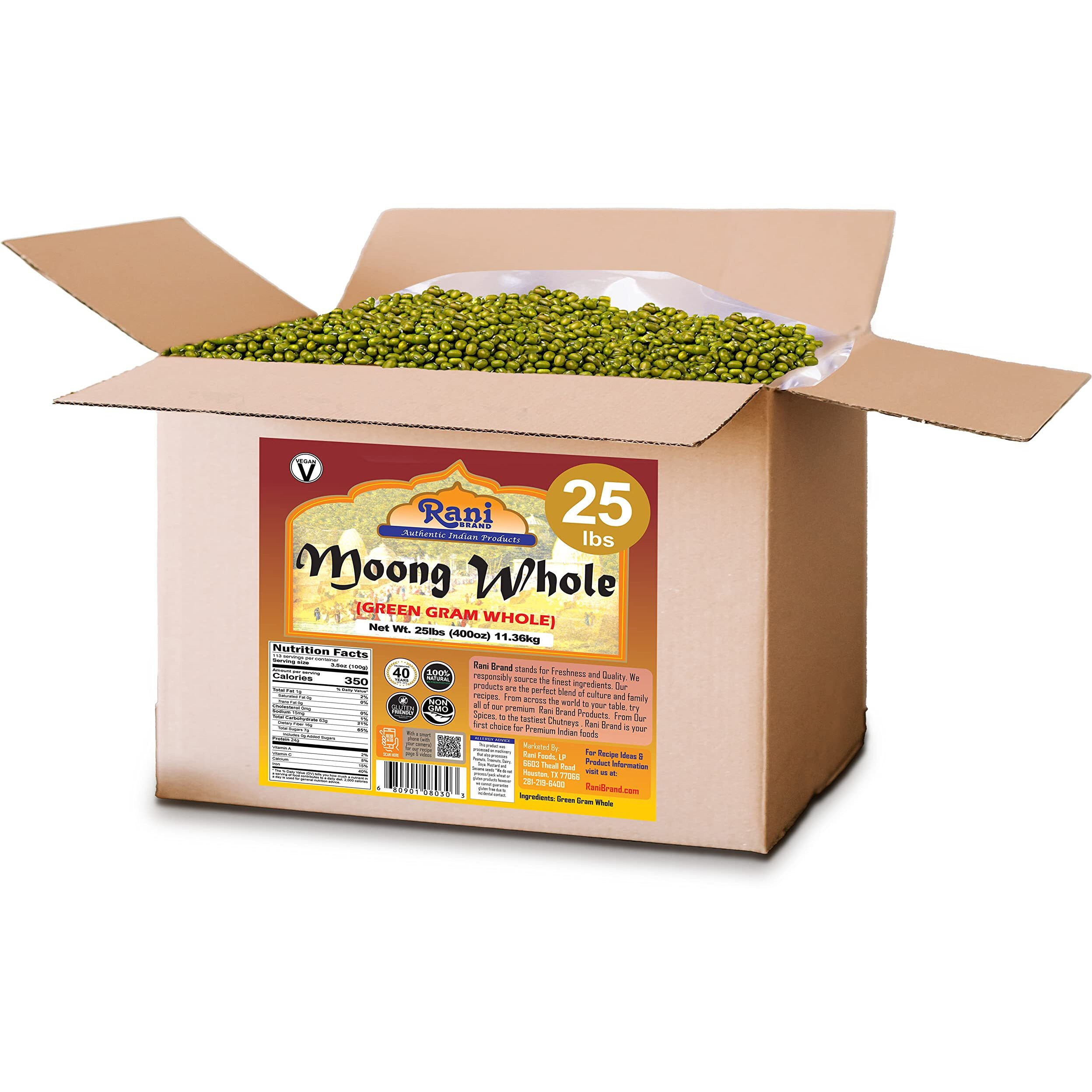 Rani Moong Whole (Ideal for cooking & sprouting, Whole Mung Beans with skin) Lentils Indian 400oz (25lbs) 11.36kg Bulk Box ~ All Natural, Gluten Friendly, Non-GMO, Kosher, Vegan, Indian Origin