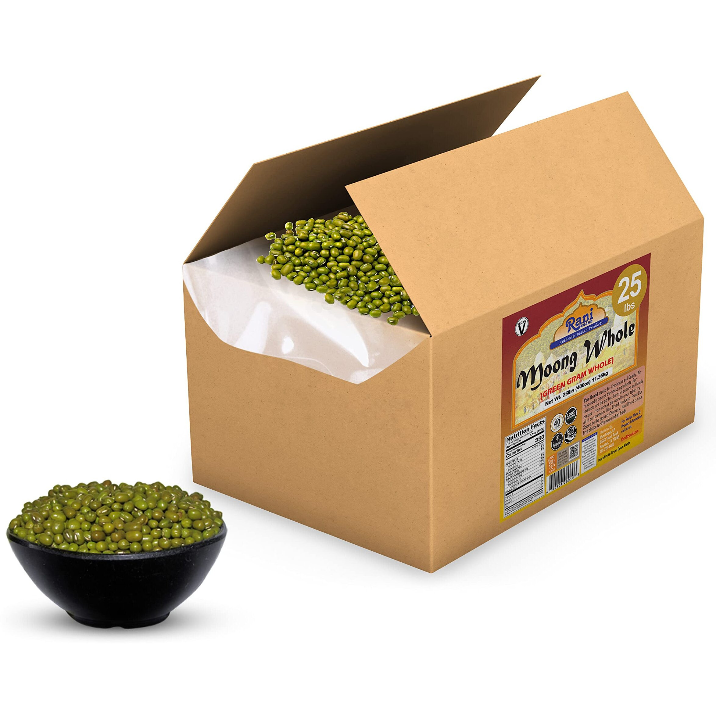 Rani Moong Whole (Ideal for cooking & sprouting, Whole Mung Beans with skin) Lentils Indian 400oz (25lbs) 11.36kg Bulk Box ~ All Natural, Gluten Friendly, Non-GMO, Kosher, Vegan, Indian Origin