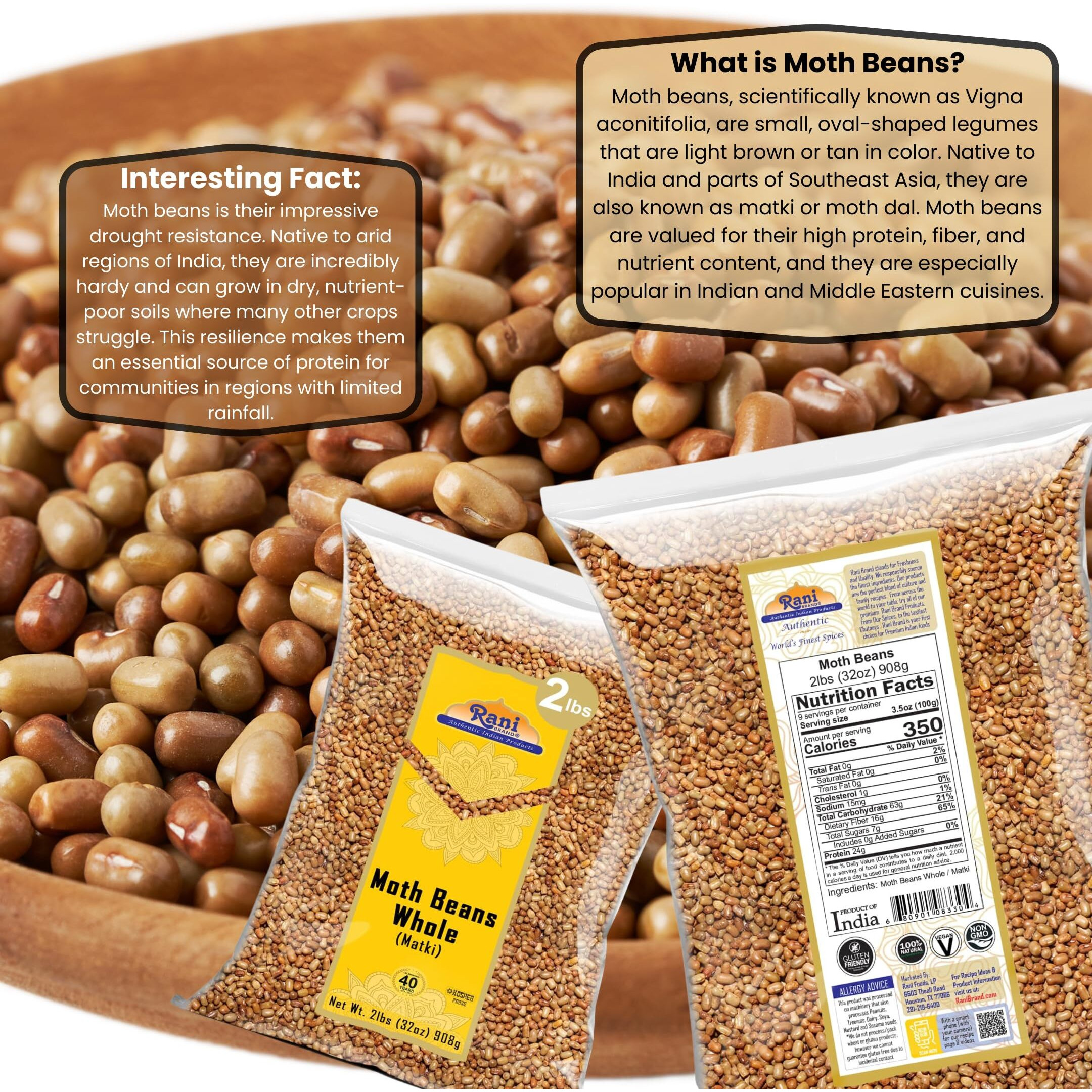 Rani Moth Beans Whole 32oz (2lbs) 908g ~ All Natural, Gluten Friendly, Non-GMO, Kosher, Vegan, Indian Origin
