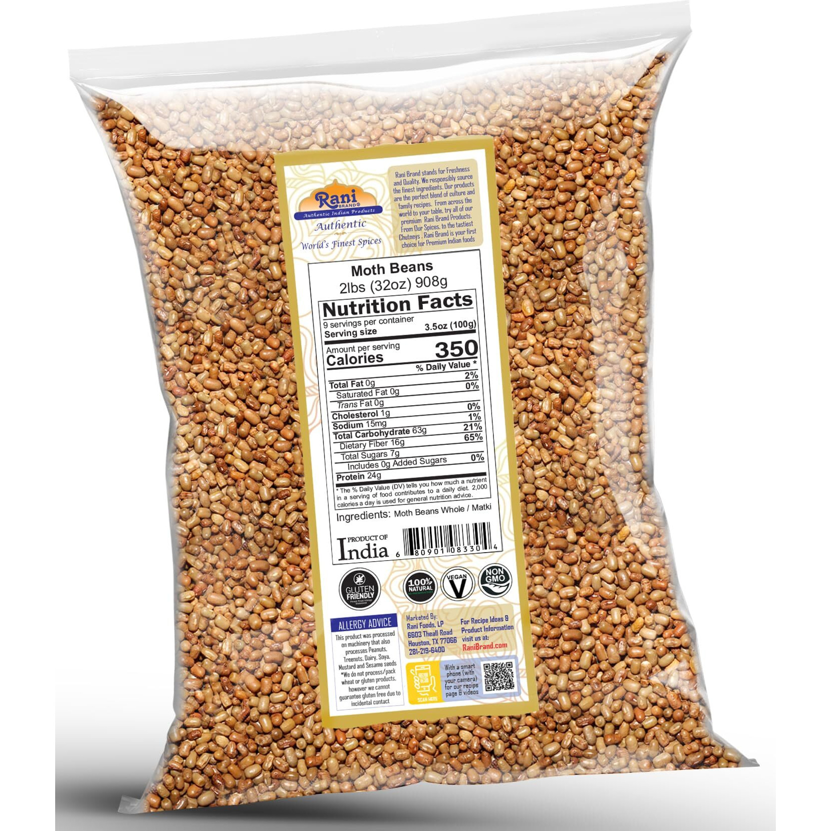 Rani Moth Beans Whole 32oz (2lbs) 908g ~ All Natural, Gluten Friendly, Non-GMO, Kosher, Vegan, Indian Origin