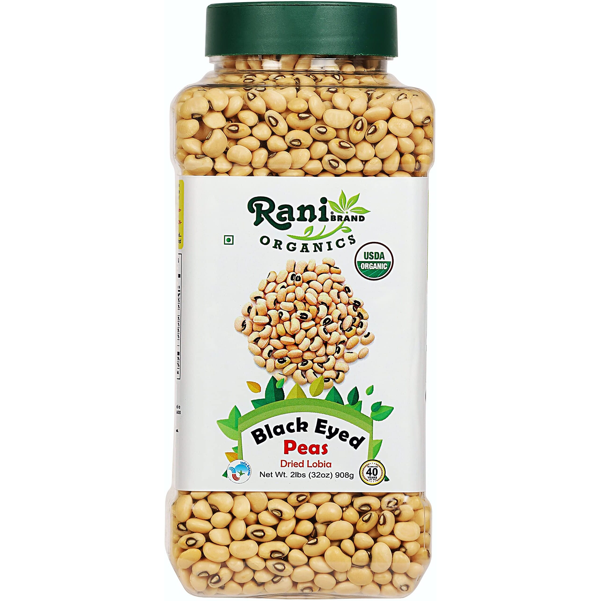 Rani Organic Black Eyed Peas (Dried Lobia) 32oz (2lbs) 908g PET Jar ~ All Natural, Vegan, Gluten Friendly, NON-GMO, Indian Origin, USDA Certified Organic