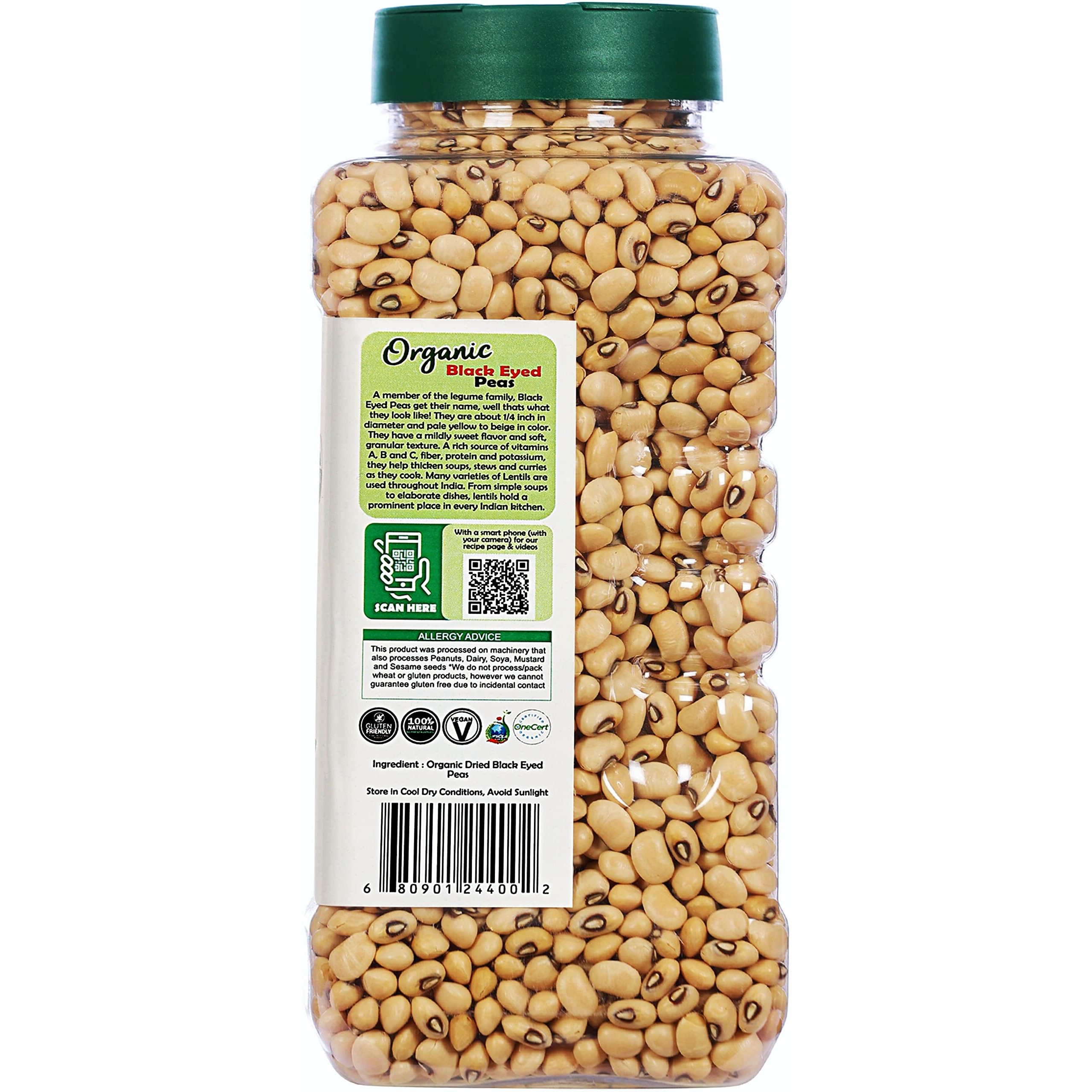 Rani Organic Black Eyed Peas (Dried Lobia) 32oz (2lbs) 908g PET Jar ~ All Natural, Vegan, Gluten Friendly, NON-GMO, Indian Origin, USDA Certified Organic