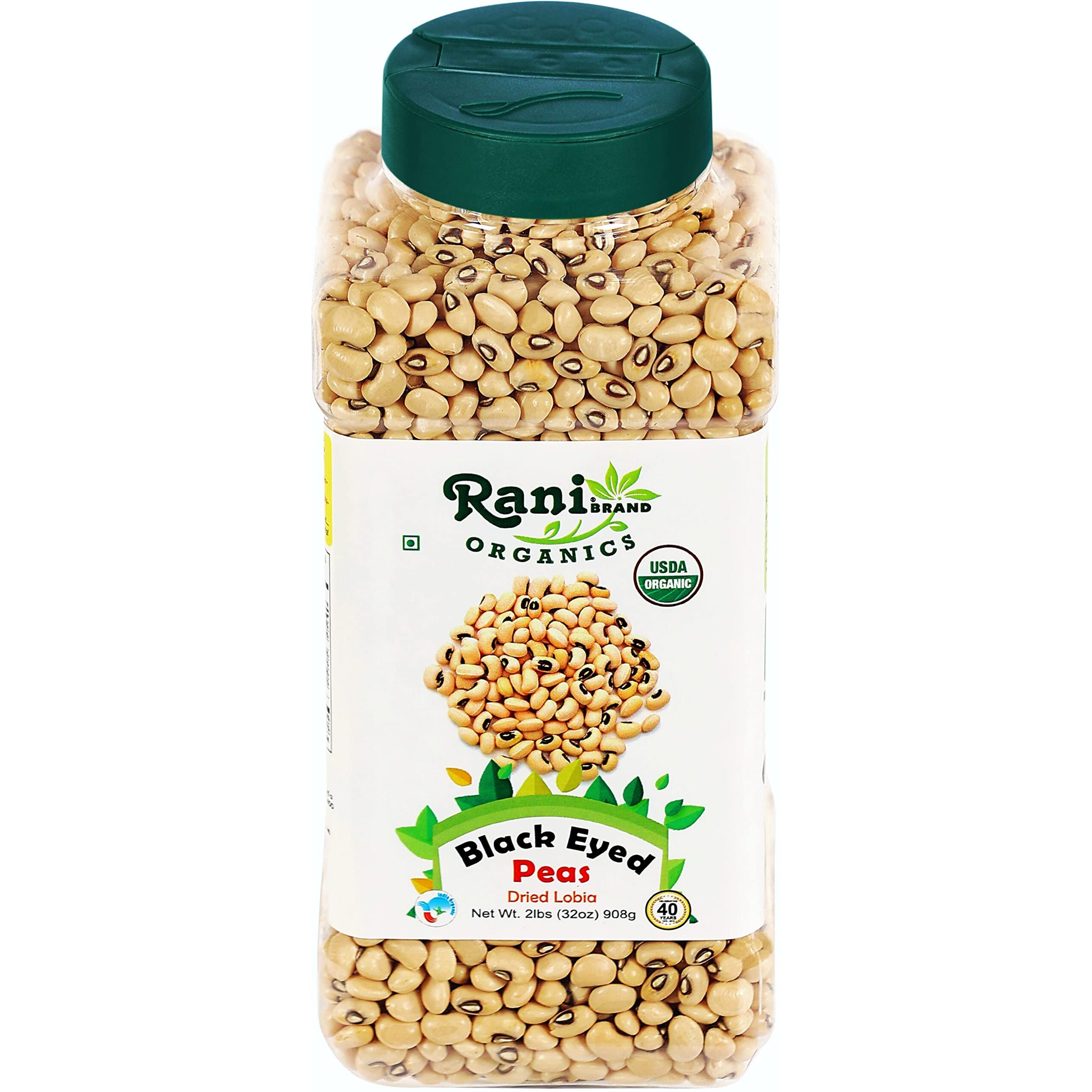 Rani Organic Black Eyed Peas (Dried Lobia) 32oz (2lbs) 908g PET Jar ~ All Natural, Vegan, Gluten Friendly, NON-GMO, Indian Origin, USDA Certified Organic