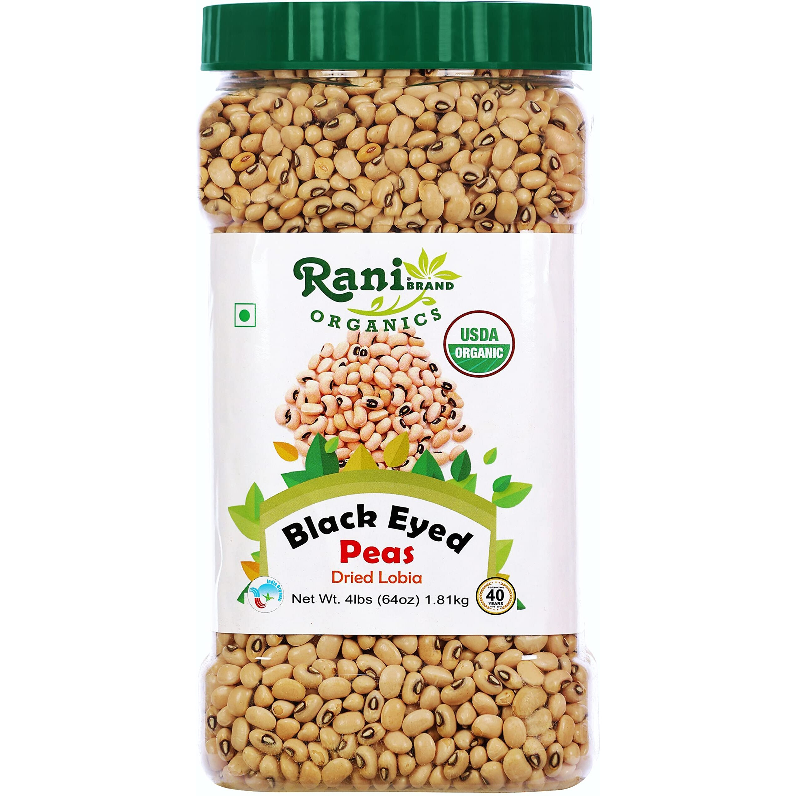Rani Organic Black Eyed Peas (Dried Lobia) 64oz (4lbs) 1.81kg Bulk PET Jar ~ All Natural, Vegan, Gluten Friendly, NON-GMO, Indian Origin, USDA Certified Organic