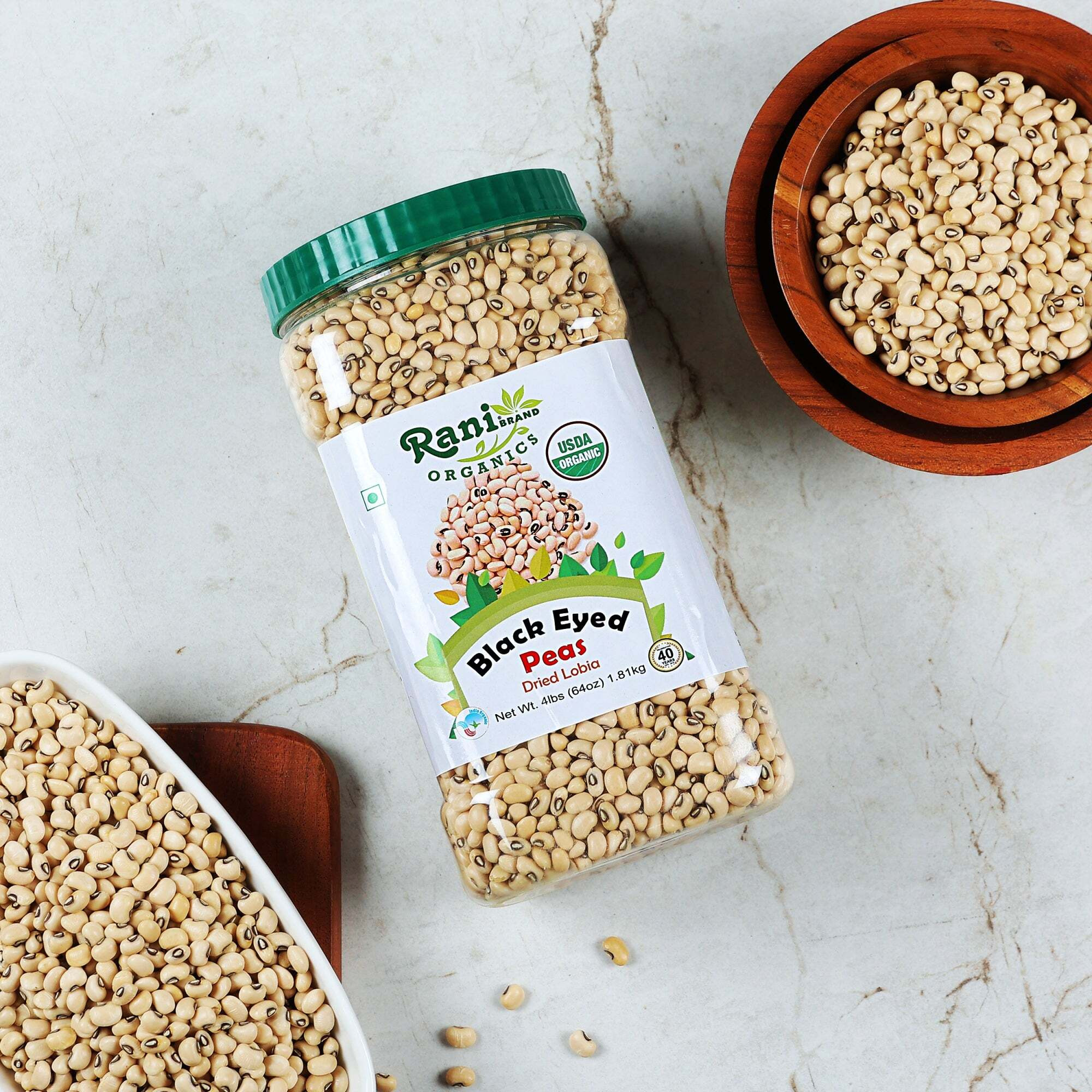 Rani Organic Black Eyed Peas (Dried Lobia) 64oz (4lbs) 1.81kg Bulk PET Jar ~ All Natural, Vegan, Gluten Friendly, NON-GMO, Indian Origin, USDA Certified Organic