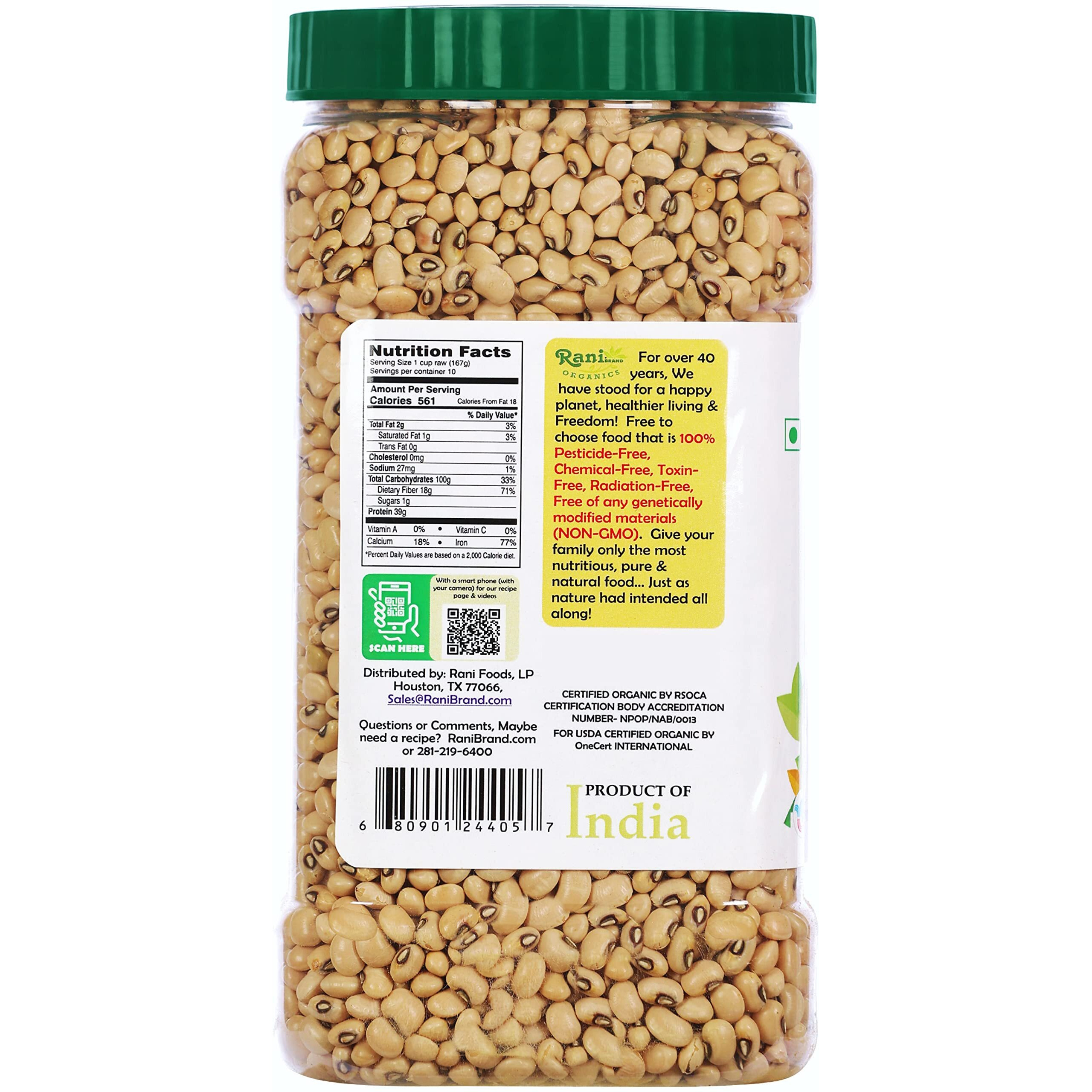 Rani Organic Black Eyed Peas (Dried Lobia) 64oz (4lbs) 1.81kg Bulk PET Jar ~ All Natural, Vegan, Gluten Friendly, NON-GMO, Indian Origin, USDA Certified Organic