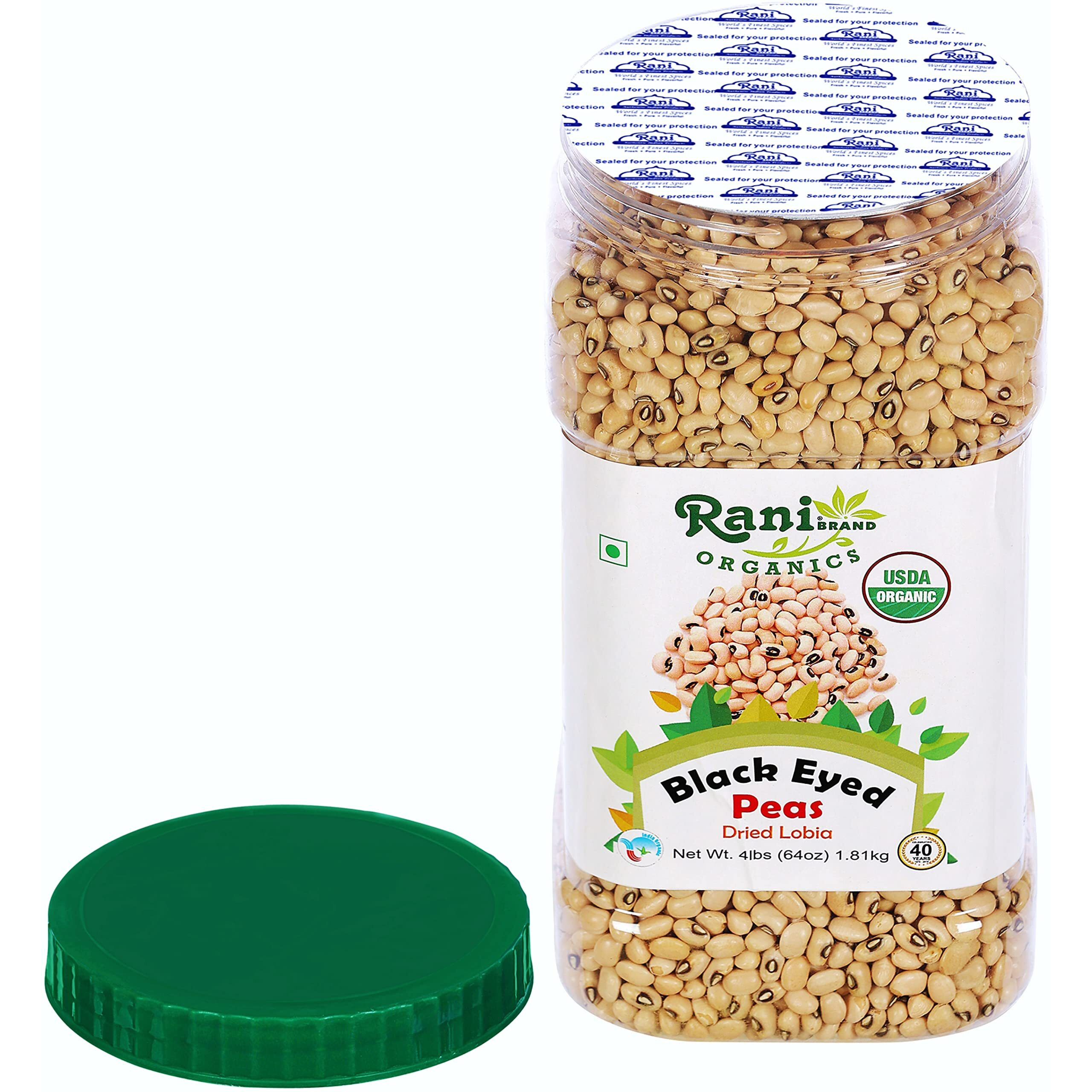 Rani Organic Black Eyed Peas (Dried Lobia) 64oz (4lbs) 1.81kg Bulk PET Jar ~ All Natural, Vegan, Gluten Friendly, NON-GMO, Indian Origin, USDA Certified Organic