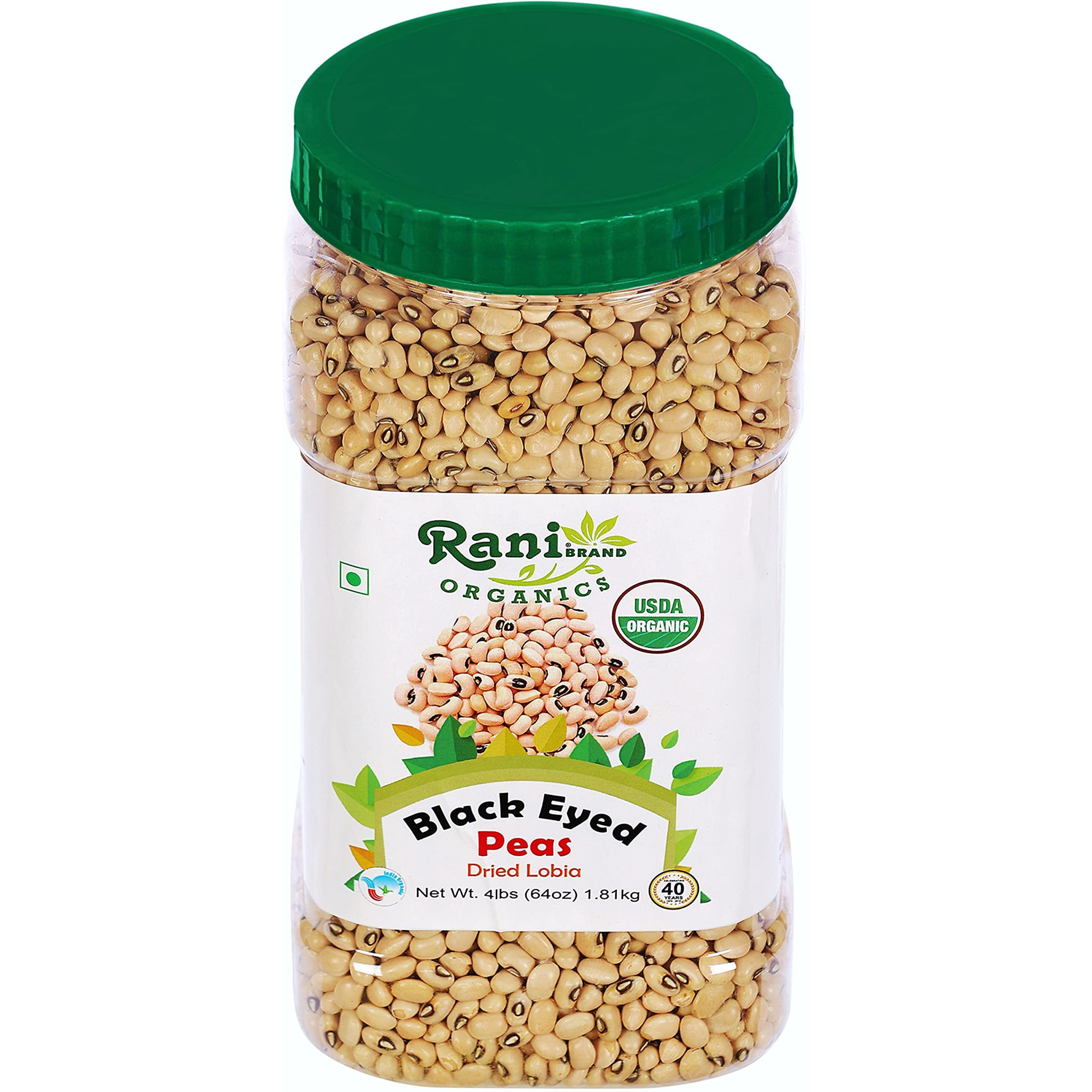 Rani Organic Black Eyed Peas (Dried Lobia) 64oz (4lbs) 1.81kg Bulk PET Jar ~ All Natural, Vegan, Gluten Friendly, NON-GMO, Indian Origin, USDA Certified Organic