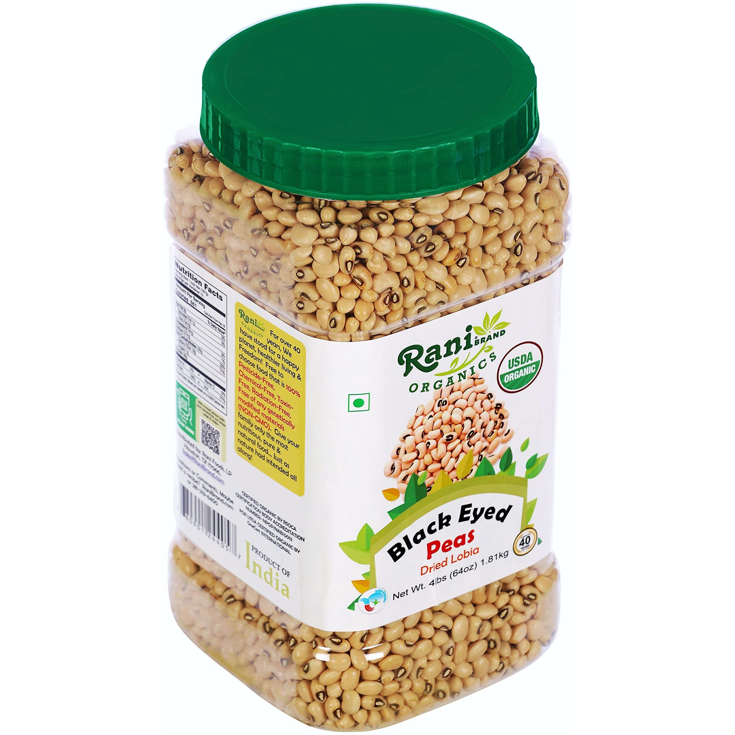 Rani Organic Black Eyed Peas (Dried Lobia) 64oz (4lbs) 1.81kg Bulk PET Jar ~ All Natural, Vegan, Gluten Friendly, NON-GMO, Indian Origin, USDA Certified Organic