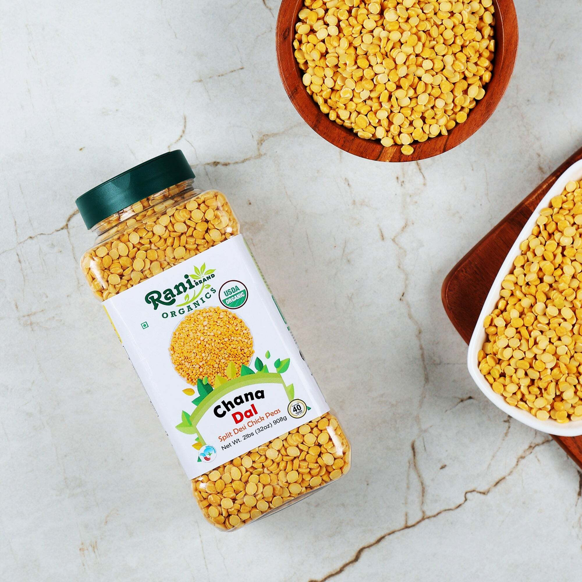 Rani Organic Chana Dal (Split Desi Chickpeas without skin) 32oz (2lbs) 908g PET Jar ~ All Natural, Vegan, Gluten Friendly, NON-GMO, Indian Origin, USDA Certified Organic
