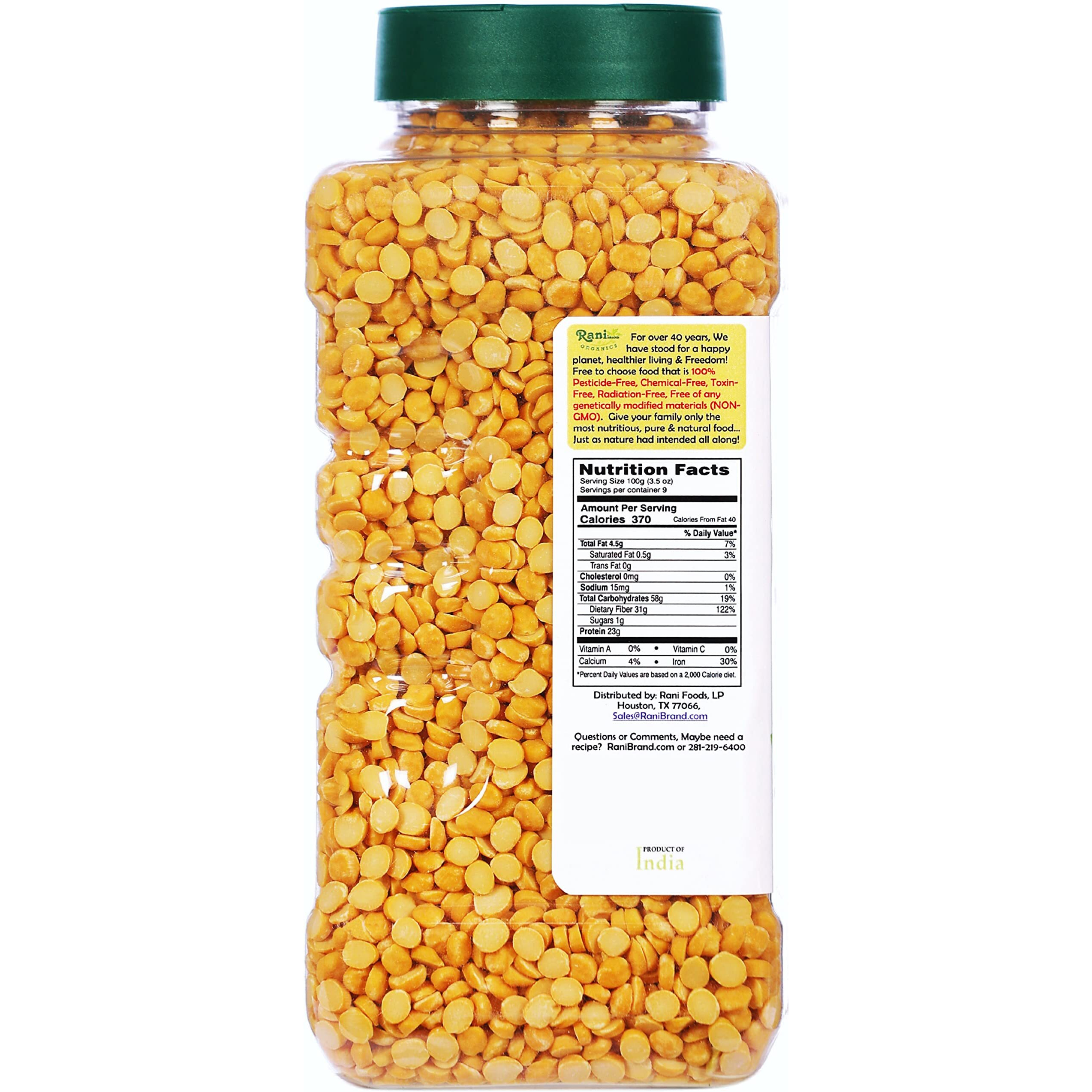 Rani Organic Chana Dal (Split Desi Chickpeas without skin) 32oz (2lbs) 908g PET Jar ~ All Natural, Vegan, Gluten Friendly, NON-GMO, Indian Origin, USDA Certified Organic