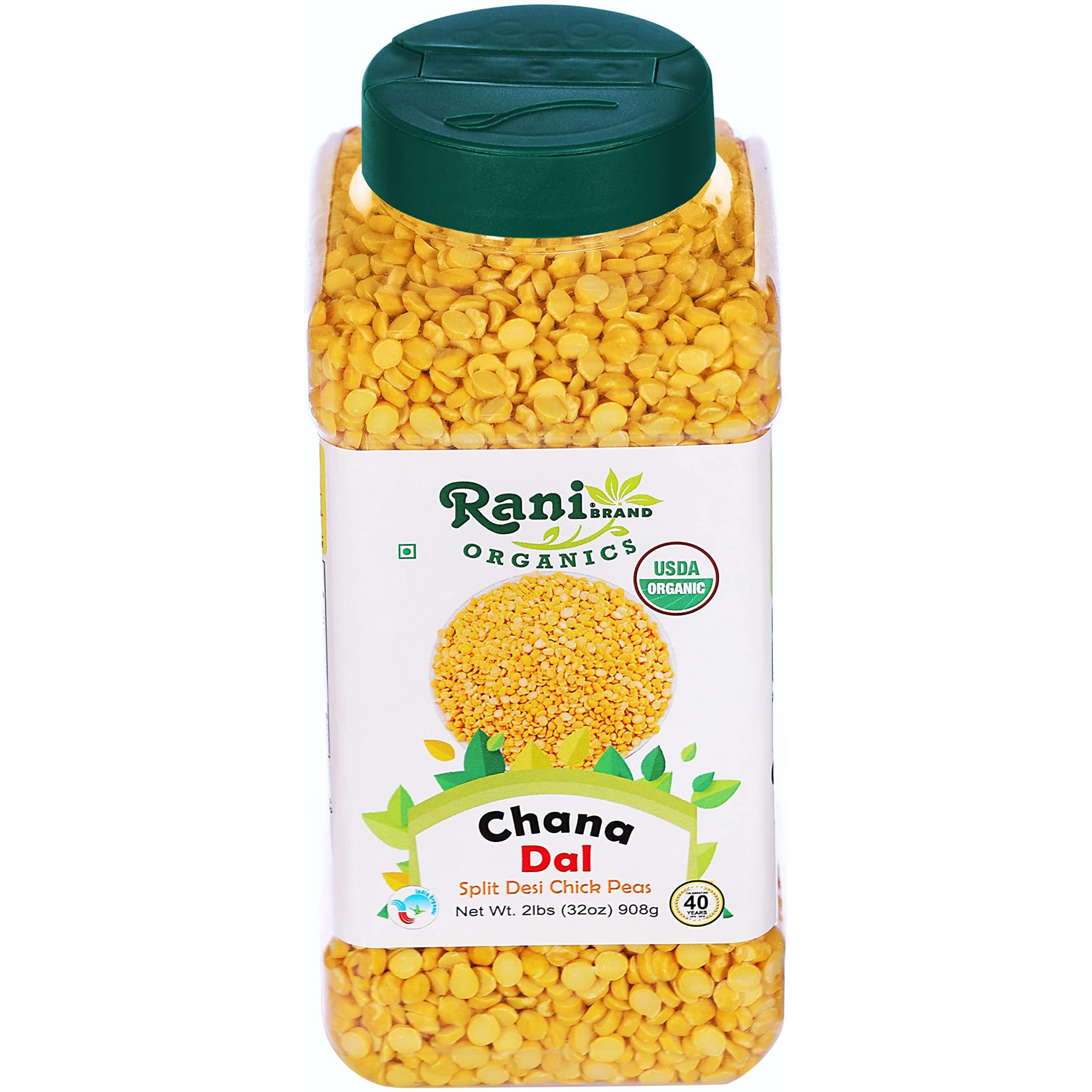 Rani Organic Chana Dal (Split Desi Chickpeas without skin) 32oz (2lbs) 908g PET Jar ~ All Natural, Vegan, Gluten Friendly, NON-GMO, Indian Origin, USDA Certified Organic
