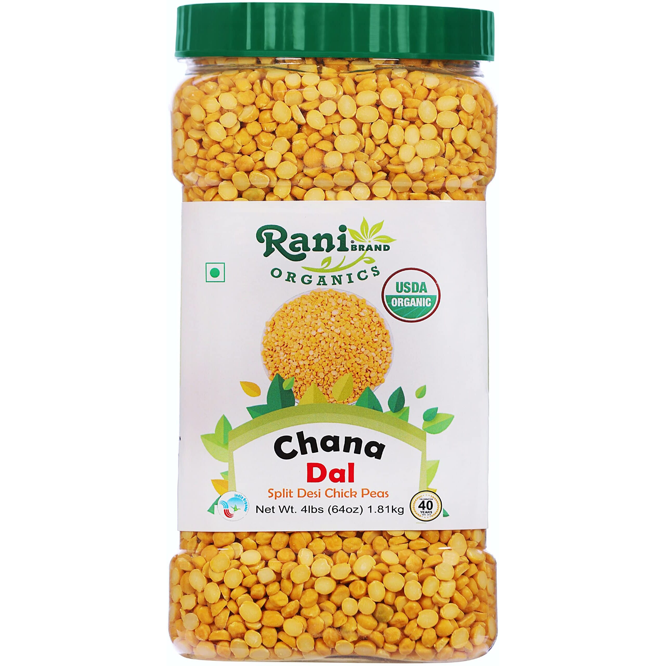 Rani Organic Chana Dal (Split Desi Chickpeas without skin) 64oz (4lbs) 1.81kg Bulk PET Jar ~ All Natural, Vegan, Gluten Friendly, NON-GMO, Indian Origin, USDA Certified Organic