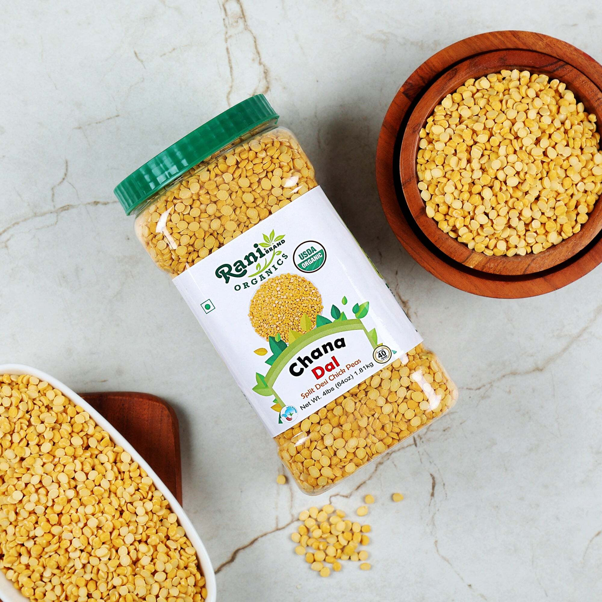 Rani Organic Chana Dal (Split Desi Chickpeas without skin) 64oz (4lbs) 1.81kg Bulk PET Jar ~ All Natural, Vegan, Gluten Friendly, NON-GMO, Indian Origin, USDA Certified Organic