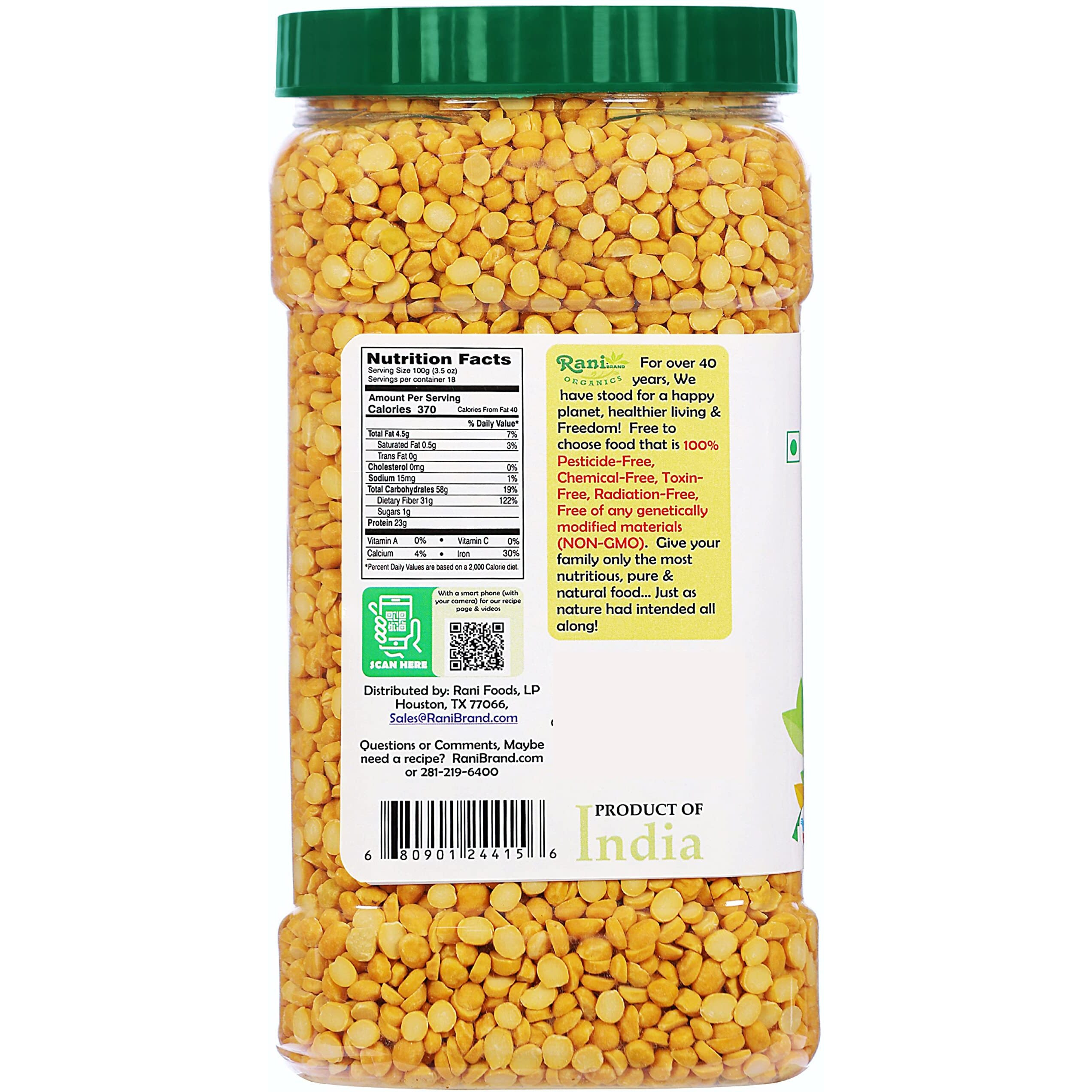 Rani Organic Chana Dal (Split Desi Chickpeas without skin) 64oz (4lbs) 1.81kg Bulk PET Jar ~ All Natural, Vegan, Gluten Friendly, NON-GMO, Indian Origin, USDA Certified Organic