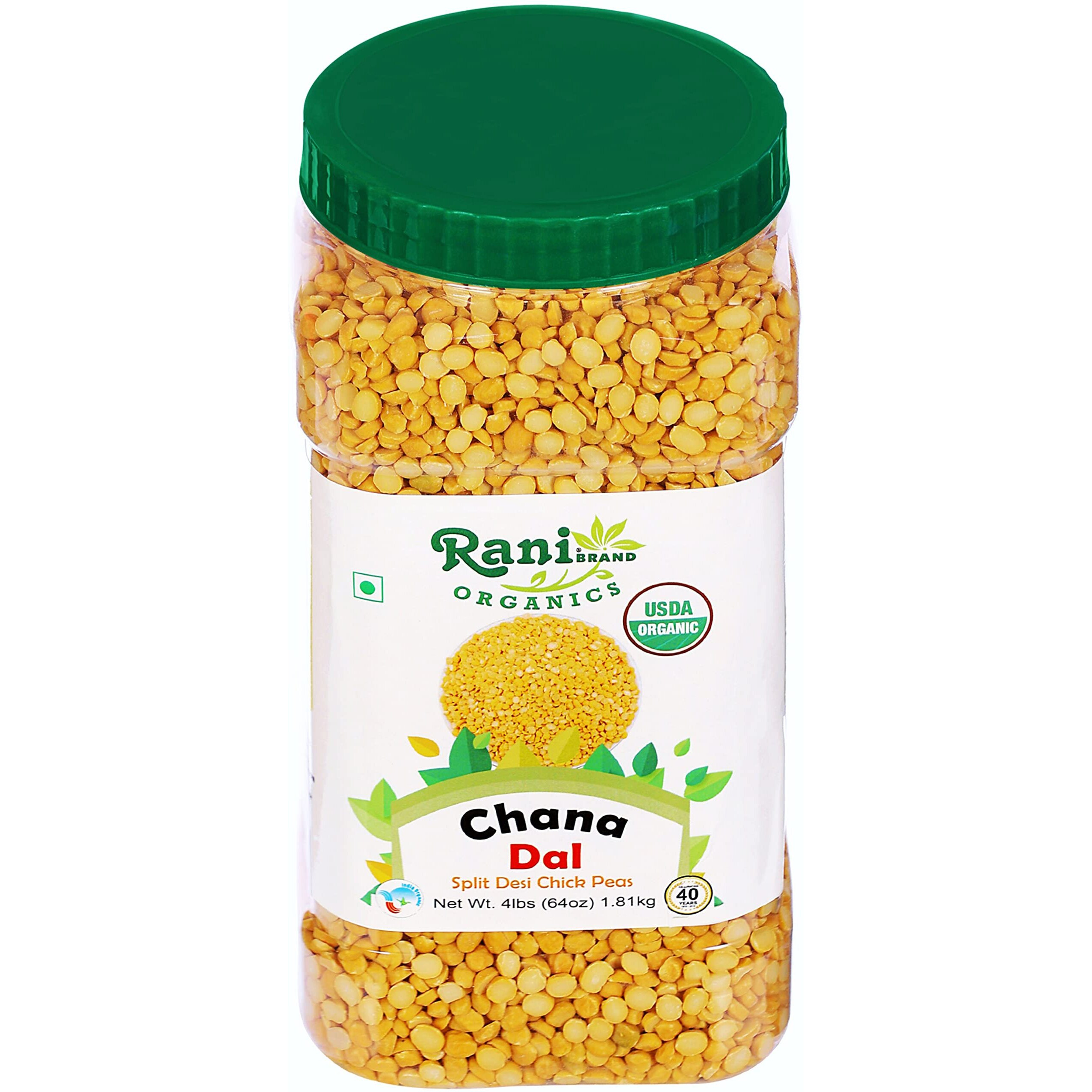 Rani Organic Chana Dal (Split Desi Chickpeas without skin) 64oz (4lbs) 1.81kg Bulk PET Jar ~ All Natural, Vegan, Gluten Friendly, NON-GMO, Indian Origin, USDA Certified Organic